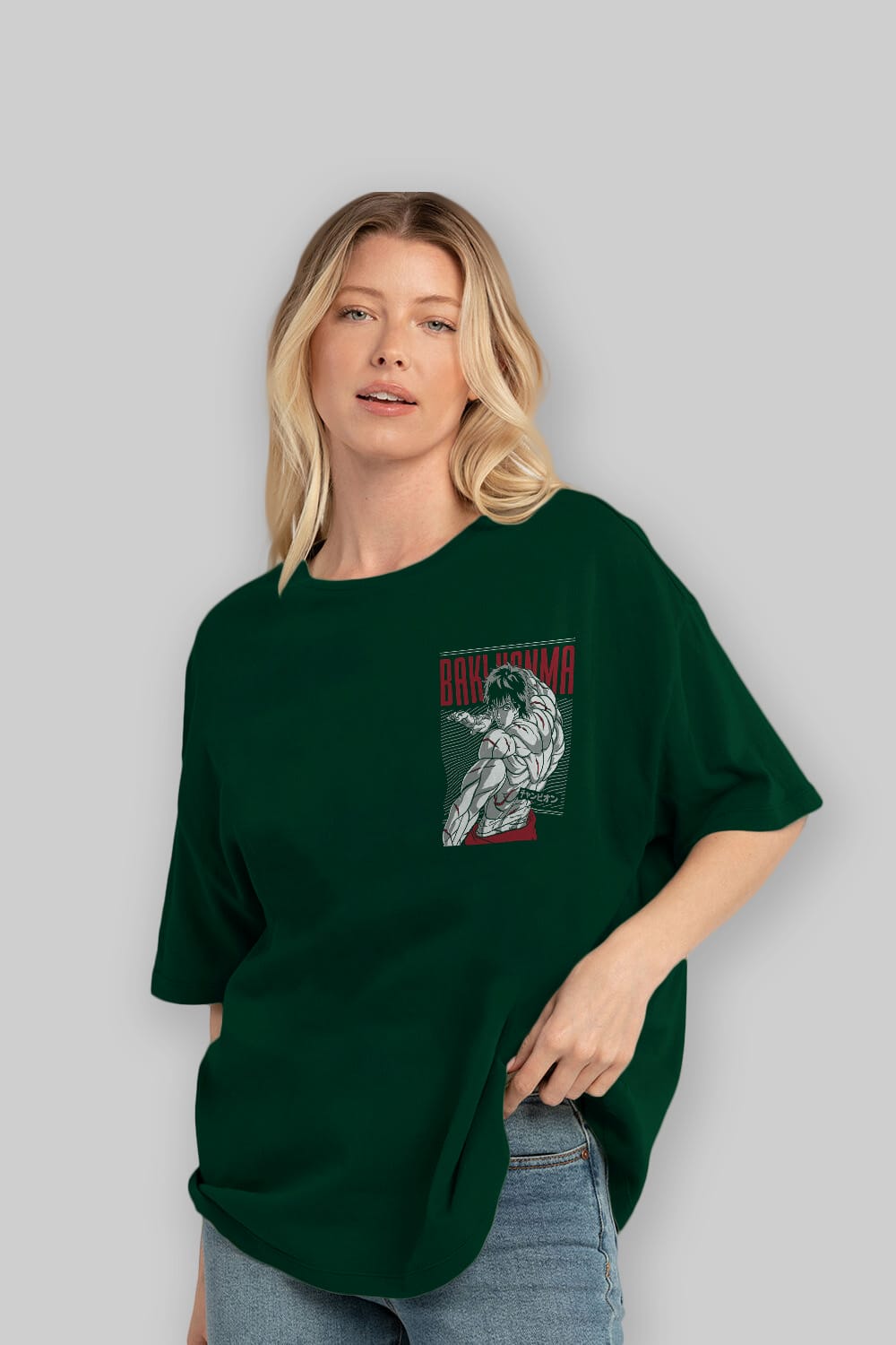 BAKI HANMA Ön Sol Baskılı Oversize t-shirt Erkek Kadın Unisex %100 Pamuk Bisiklet Yaka tişort