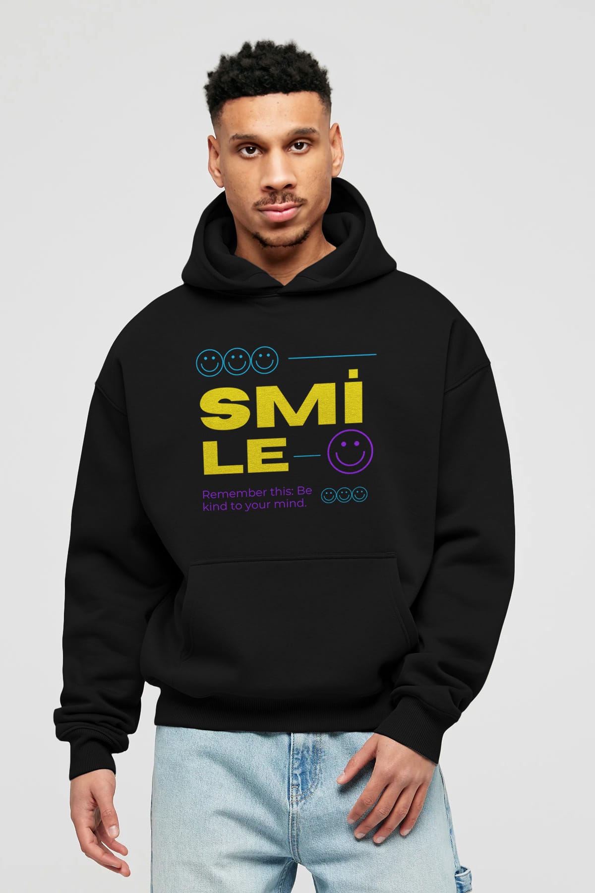 Smile Yazılı 2 Ön Baskılı Oversize Hoodie Kapüşonlu Sweatshirt Erkek Kadın Unisex
