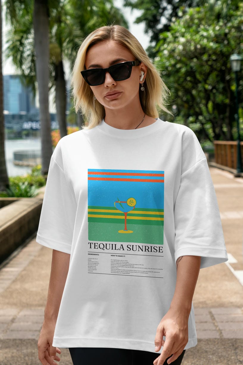Tequila Sunrise Kokteyl Ön Baskılı Oversize t-shirt Erkek Kadın %100 Pamuk Bisiklet Yaka tişort