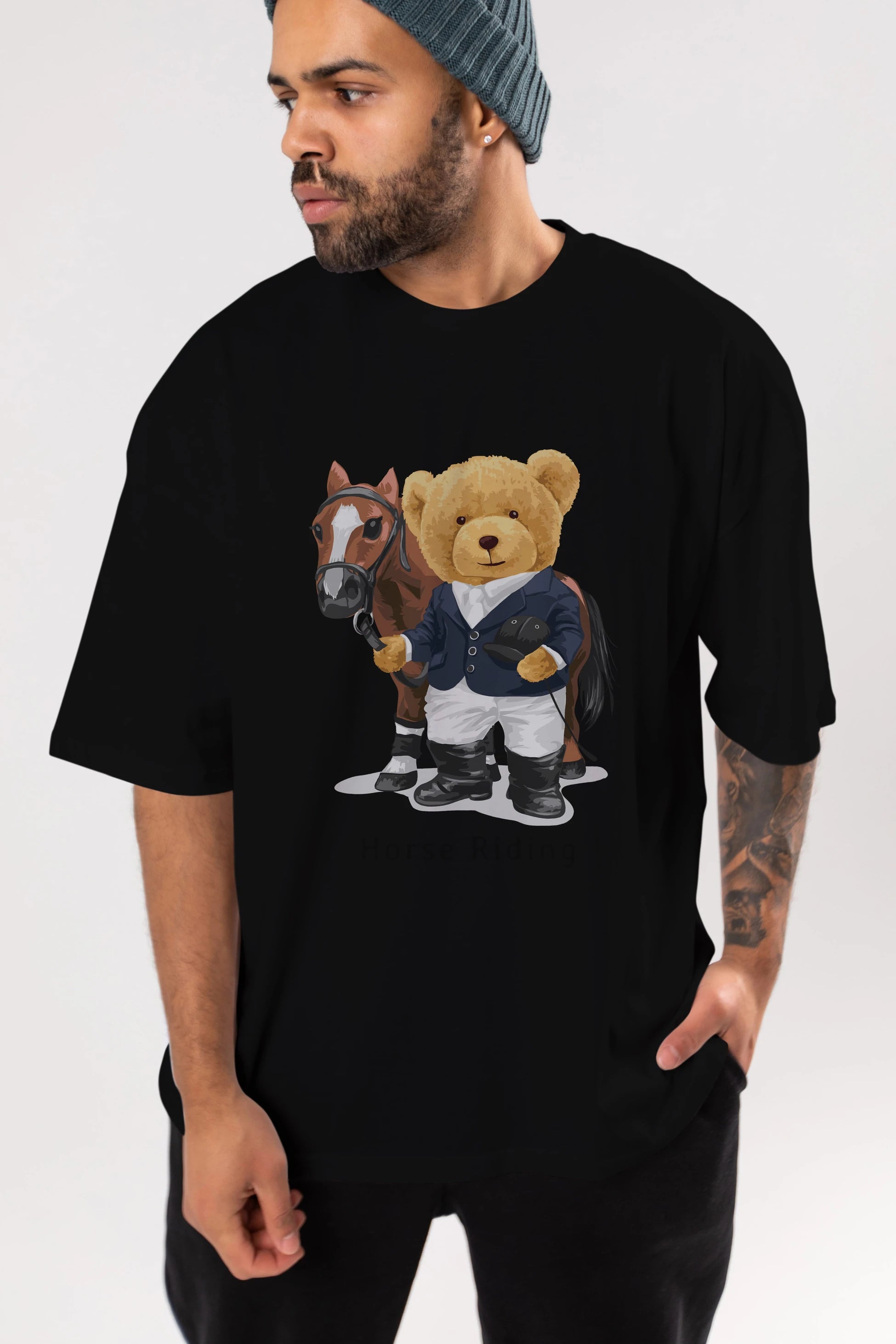 Teddy Bear Horse Riding Ön Baskılı Oversize t-shirt Erkek Kadın Unisex %100 Pamuk