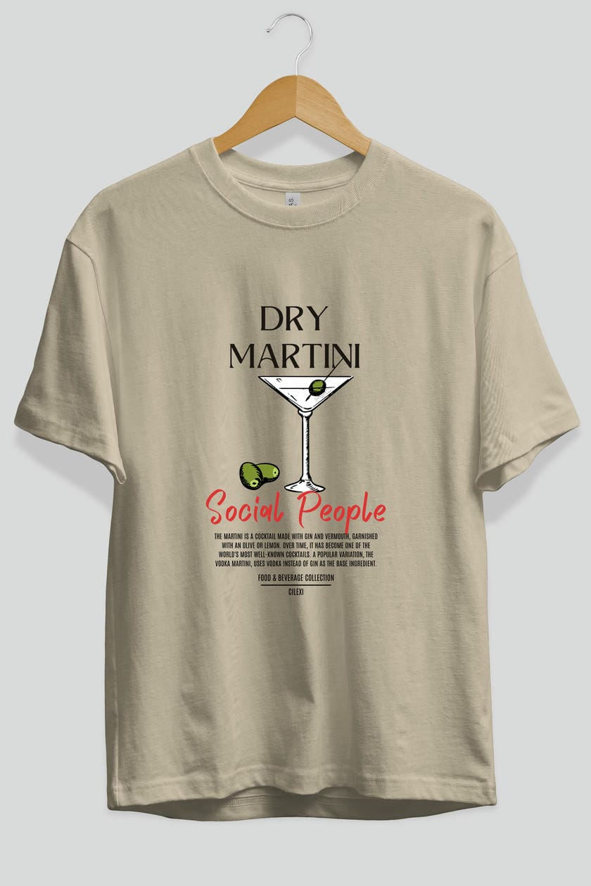 Dry Martını Kokteyl Serisi ön Baskılı Oversize t-shirt Erkek Kadın %100 Pamuk Bisiklet Yaka tişort