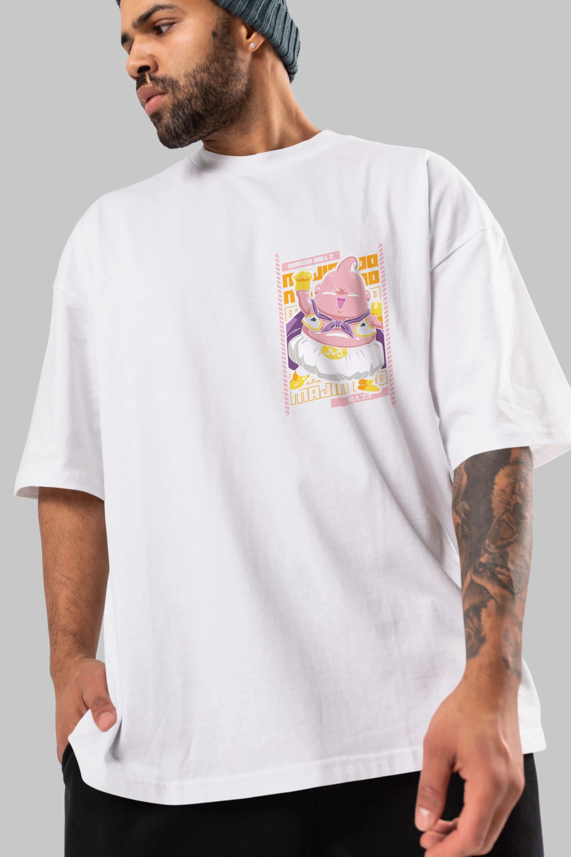 MAJIN BOO1 Ön Sol Baskılı Oversize t-shirt Erkek Kadın Unisex %100 Pamuk Bisiklet Yaka tişort