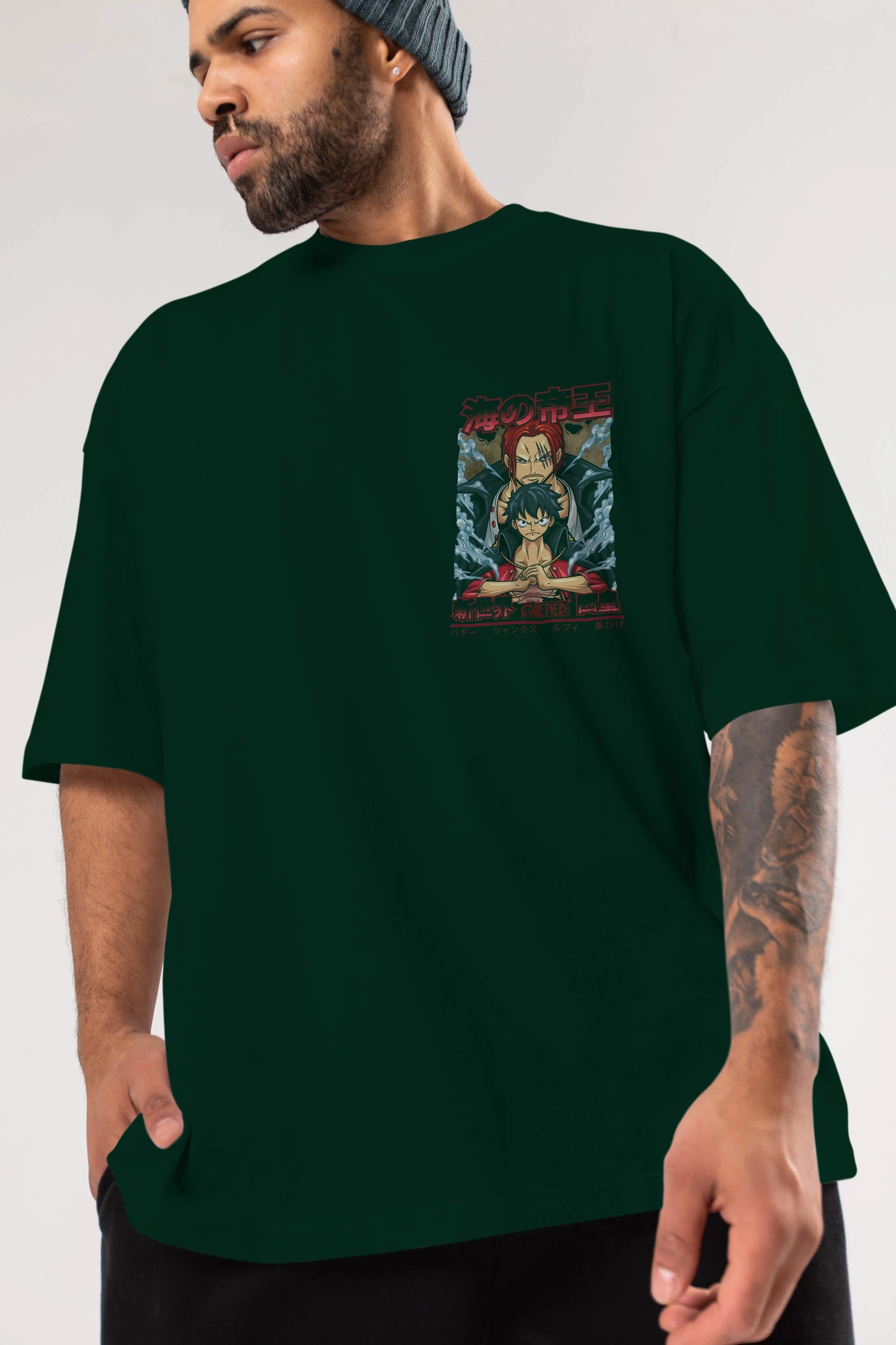 MONKEY D. LUFF and SHANKS Ön Sol Baskılı Oversize t-shirt Erkek Kadın Unisex %100 Pamuk Bisiklet Yaka tişort