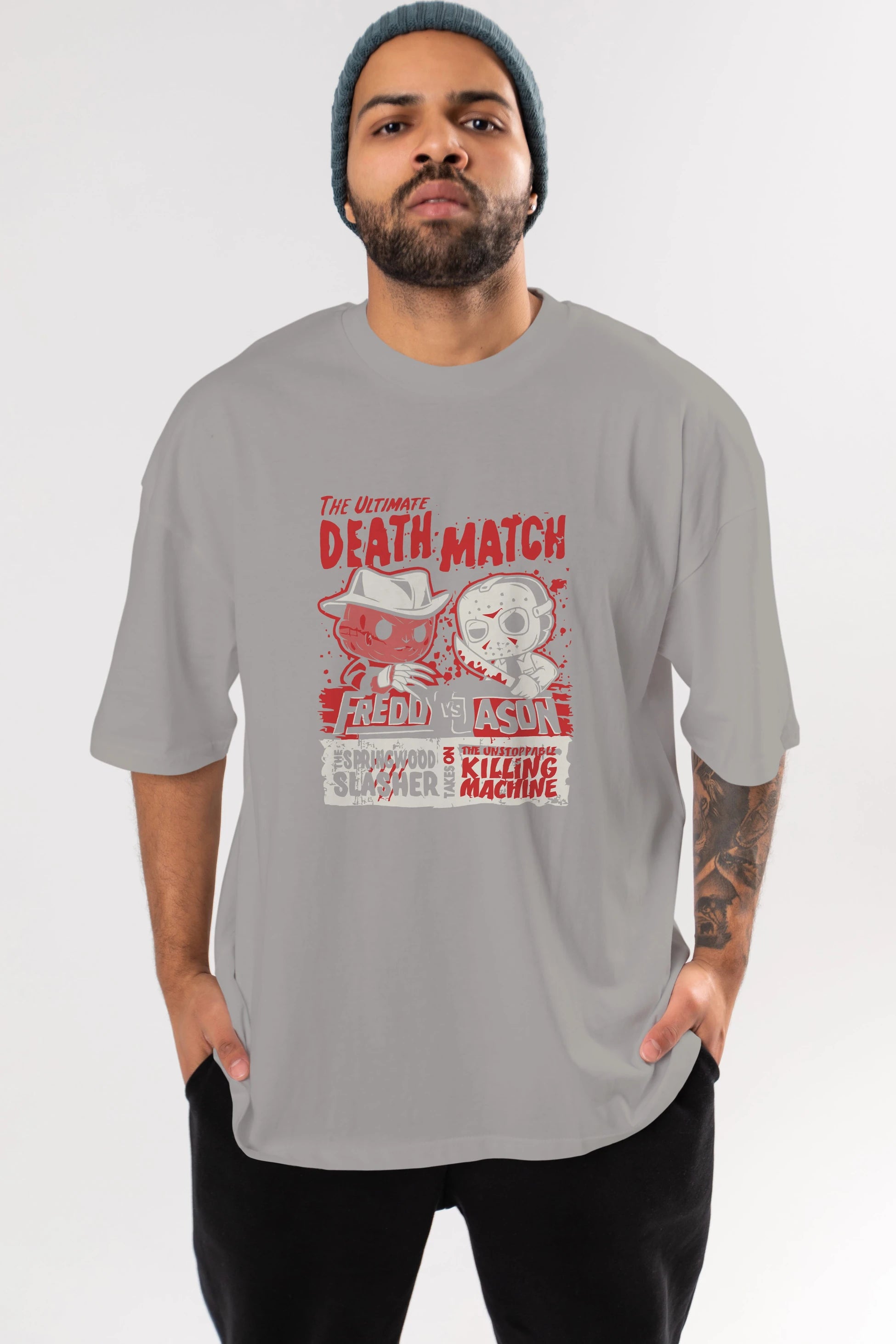 Freddy vs Jason Ön Baskılı Oversize t-shirt Erkek Kadın Unisex %100 Pamuk Bisiklet Yaka tişort