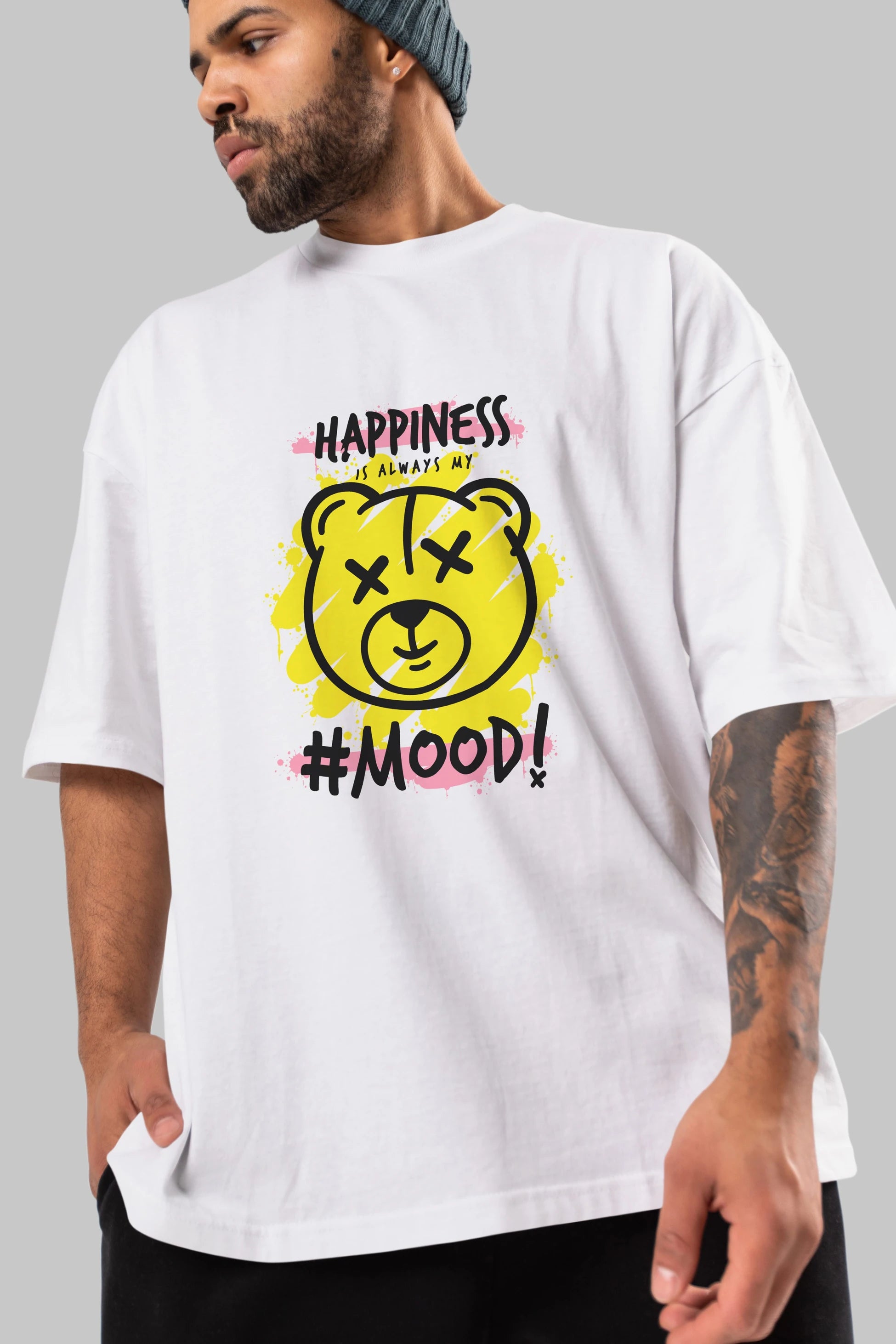 Happiness Mood Bear Ön Baskılı Oversize t-shirt Erkek Kadın Unisex