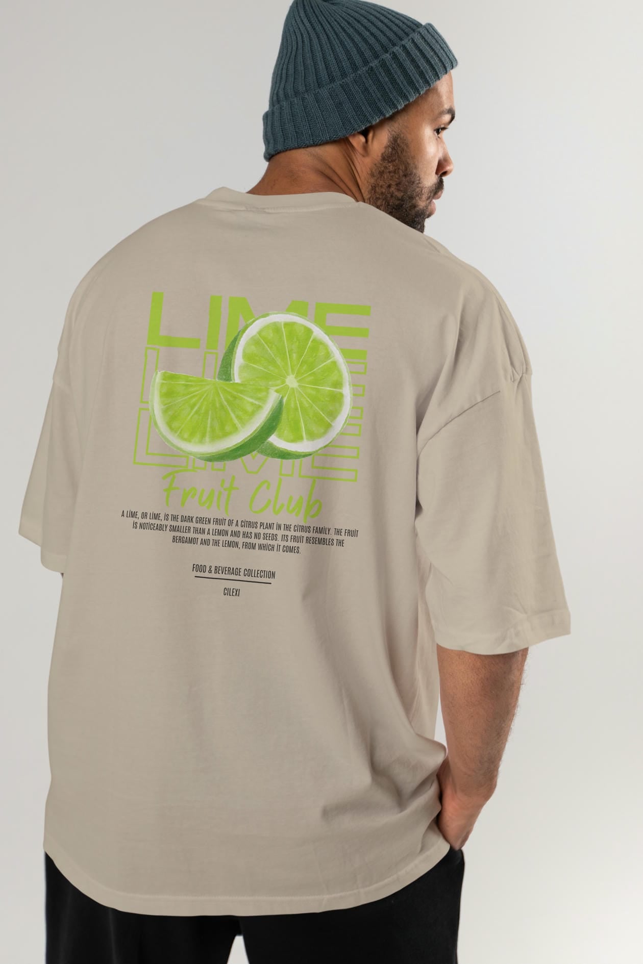 Lime Arka Baskılı Oversize t-shirt Erkek Kadın Pamuk Bisiklet Yaka tişort