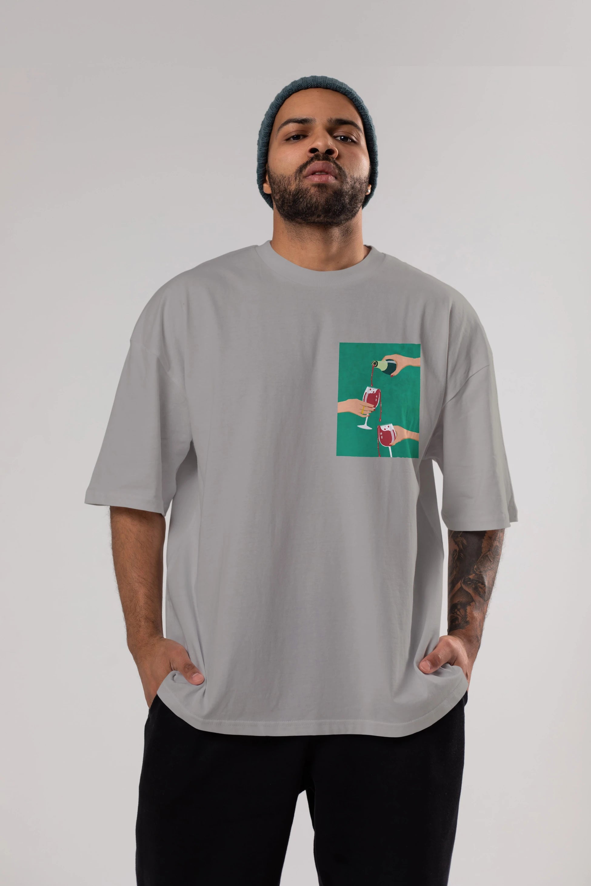 Wine 2 Ön Sol Baskılı Oversize t-shirt Erkek Kadın Unisex %100 Pamuk Bisiklet Yaka tişort