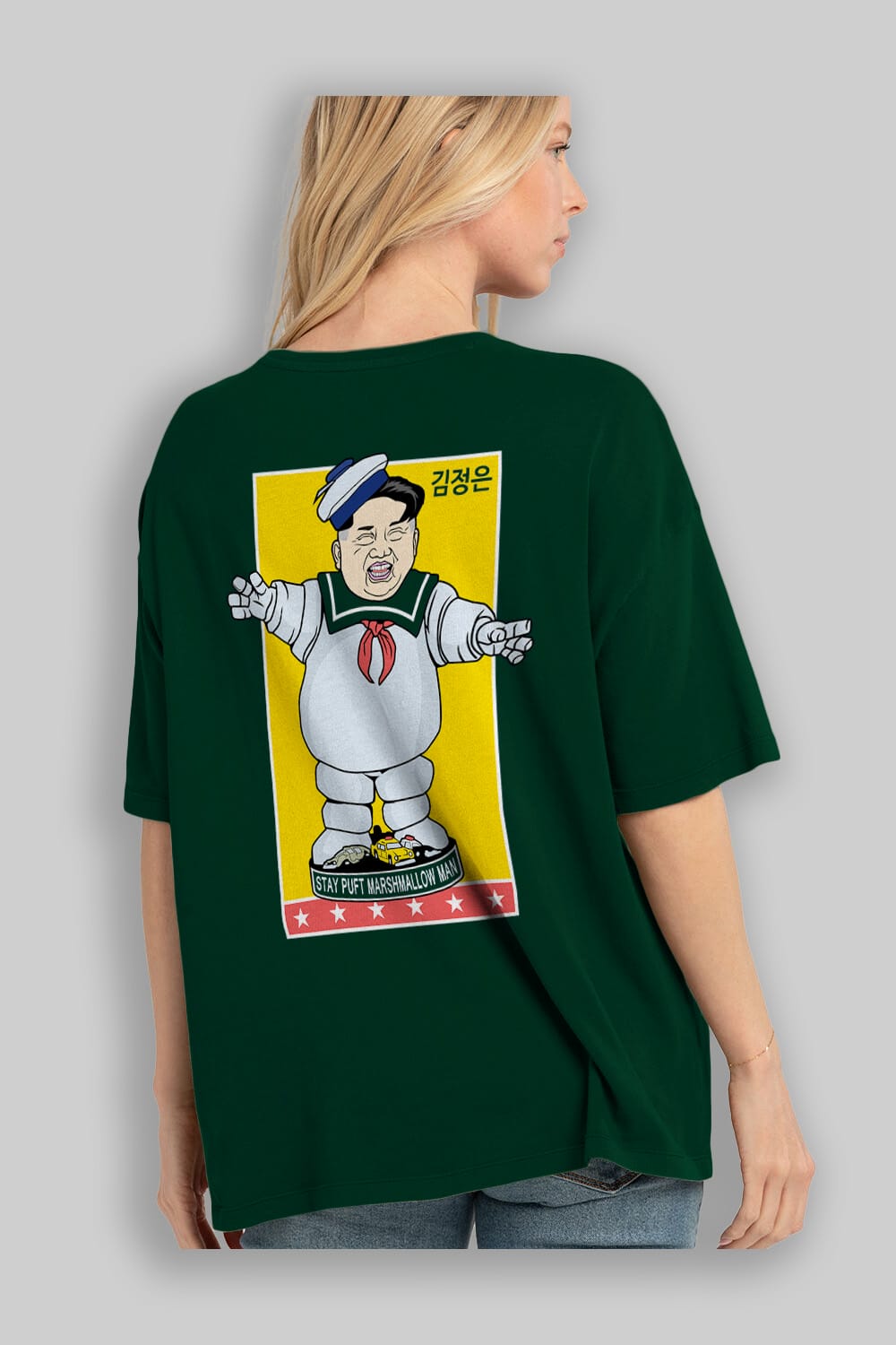 Stay Puft Jong Un Arka Baskılı Oversize t-shirt Erkek Kadın Unisex %100 Pamuk tişort