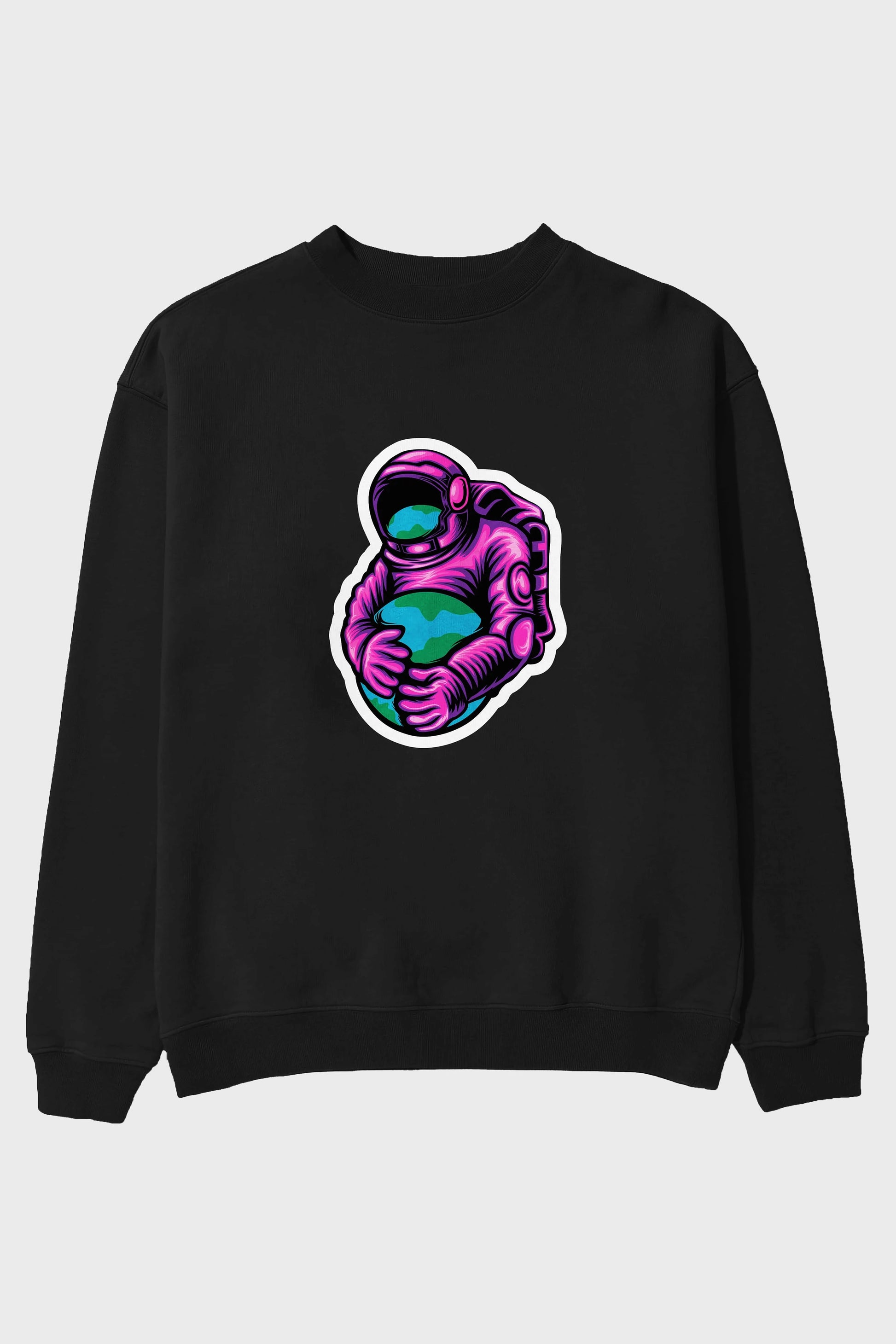 Astronaut Holding Up The Earth Sticker Ön Baskılı Oversize Sweatshirt Erkek Kadın Unisex