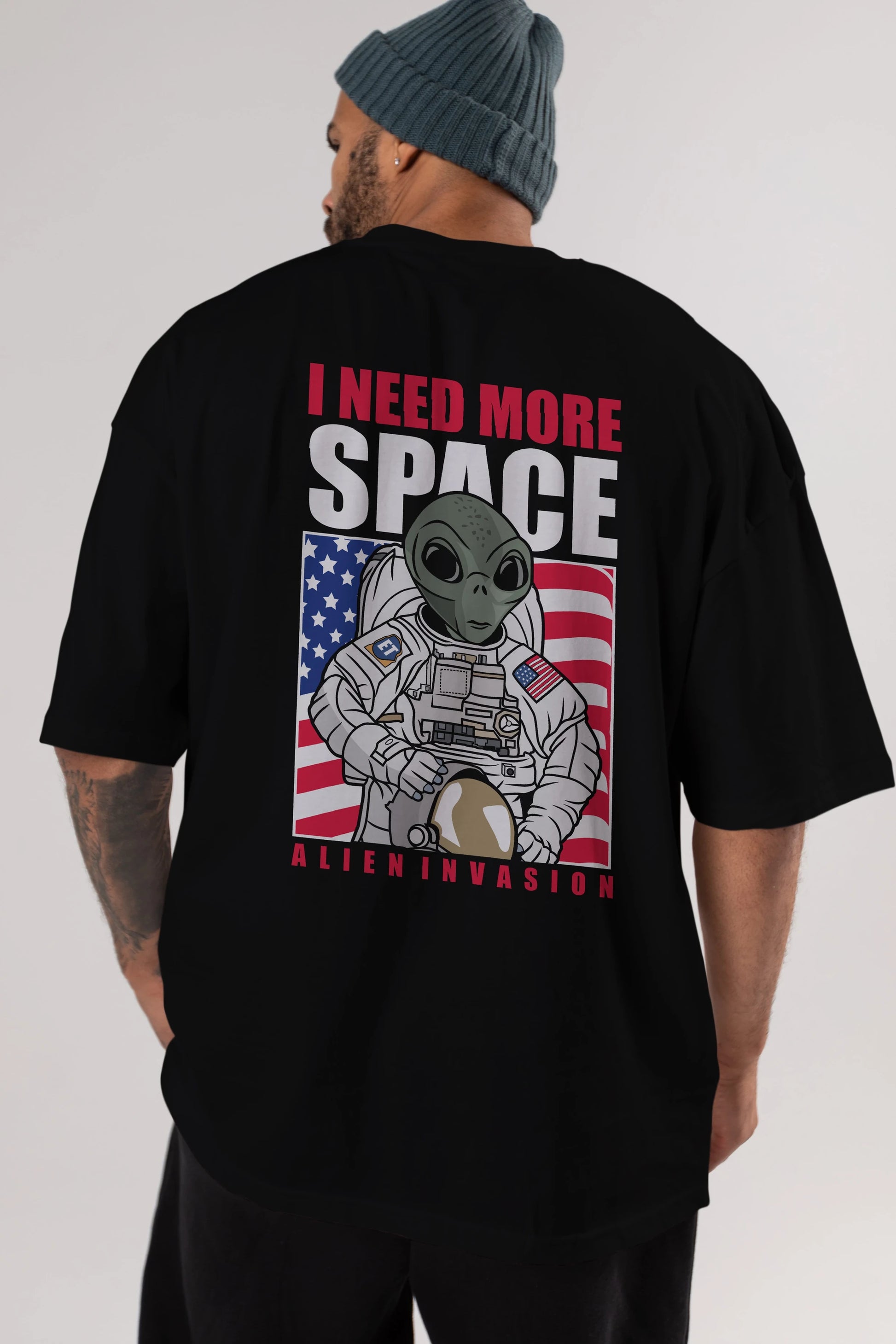 Alien Astronaut Arka Baskılı Oversize t-shirt Erkek Kadın Unisex %100 Pamuk tişort