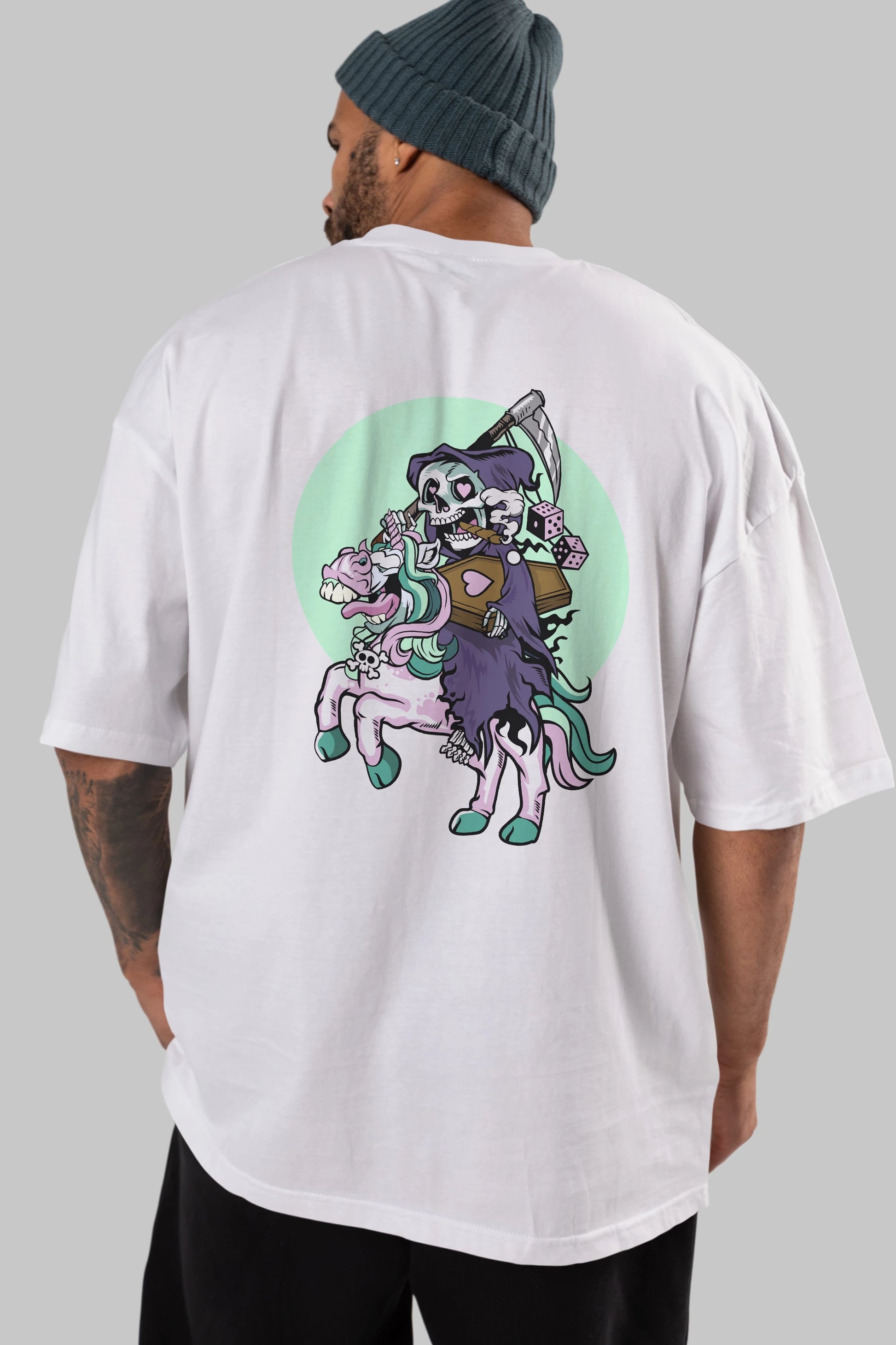 Grim Reaper Riding Unicorn Arka Baskılı Oversize t-shirt Erkek Kadın Unisex %100 Pamuk tişort