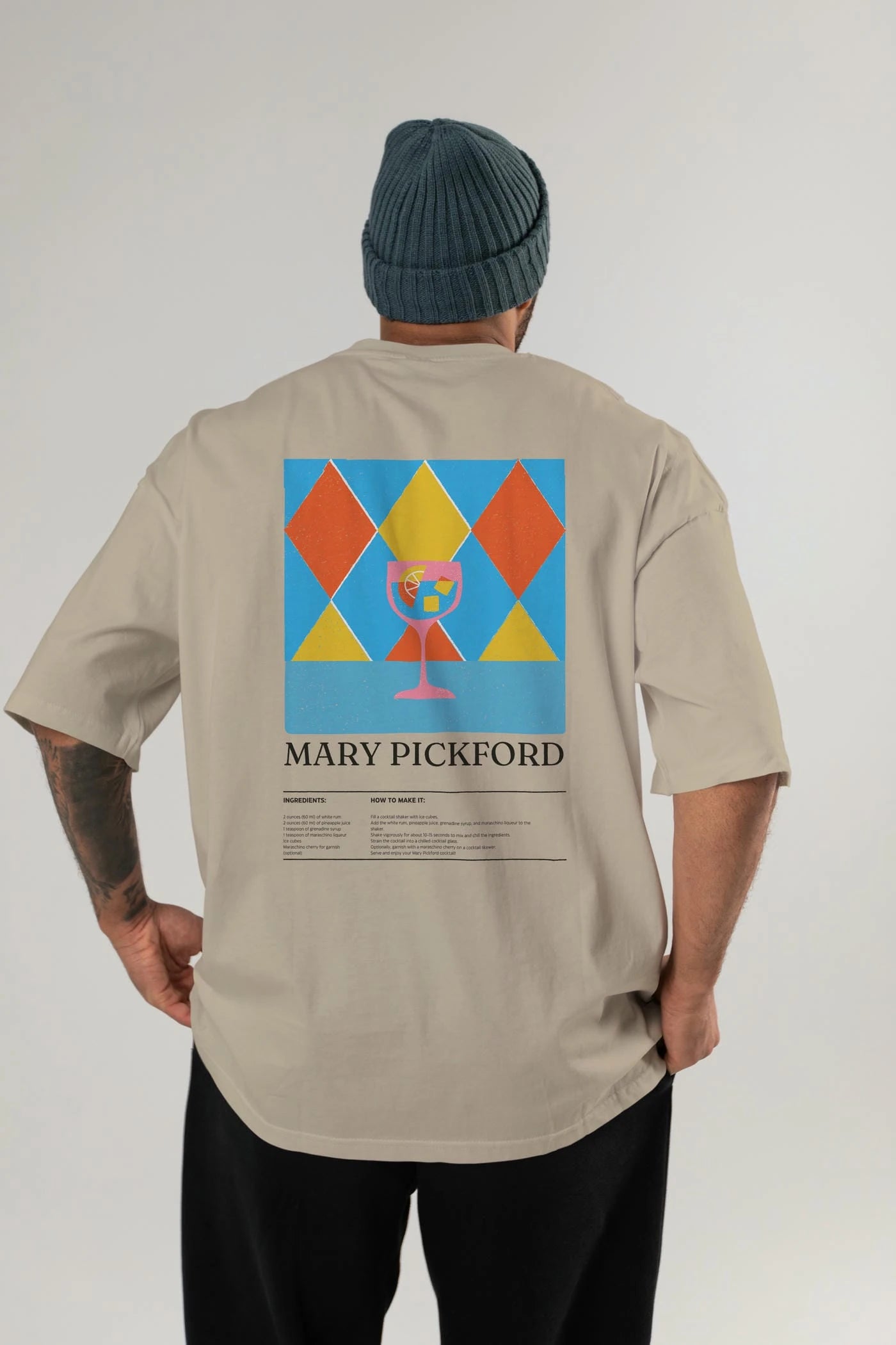 Mary Pickford Kokteyl Serisi Arka Baskılı Oversize t-shirt Erkek Kadın %100 Pamuk Bisiklet Yaka tişort