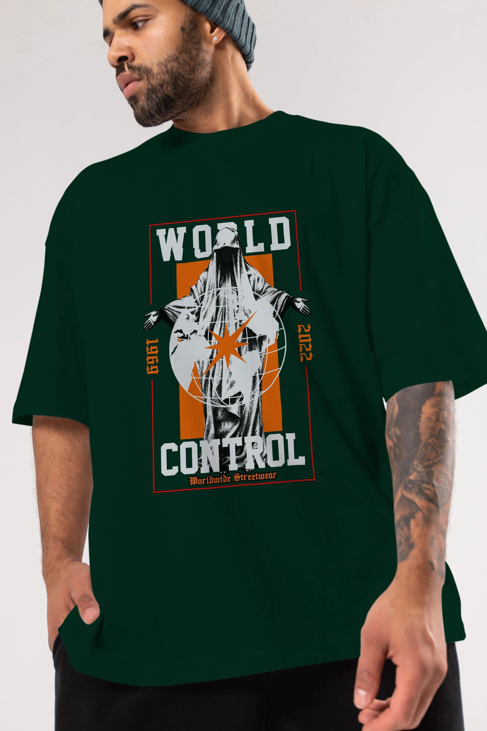 World Control Ön Baskılı Oversize t-shirt Erkek Kadın Unisex