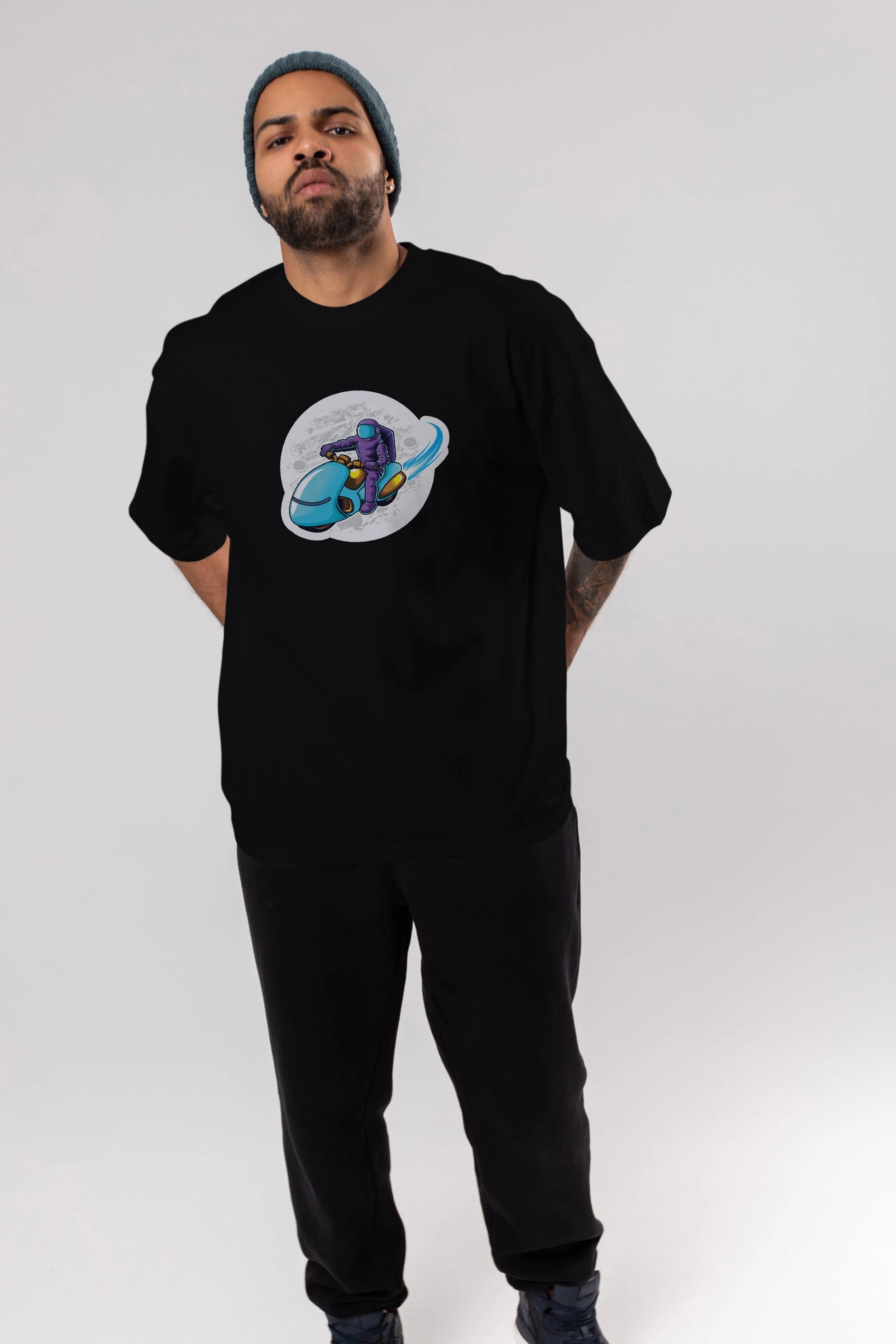Astrorider in Space Sticker Ön Baskılı Oversize t-shirt Erkek Kadın Unisex