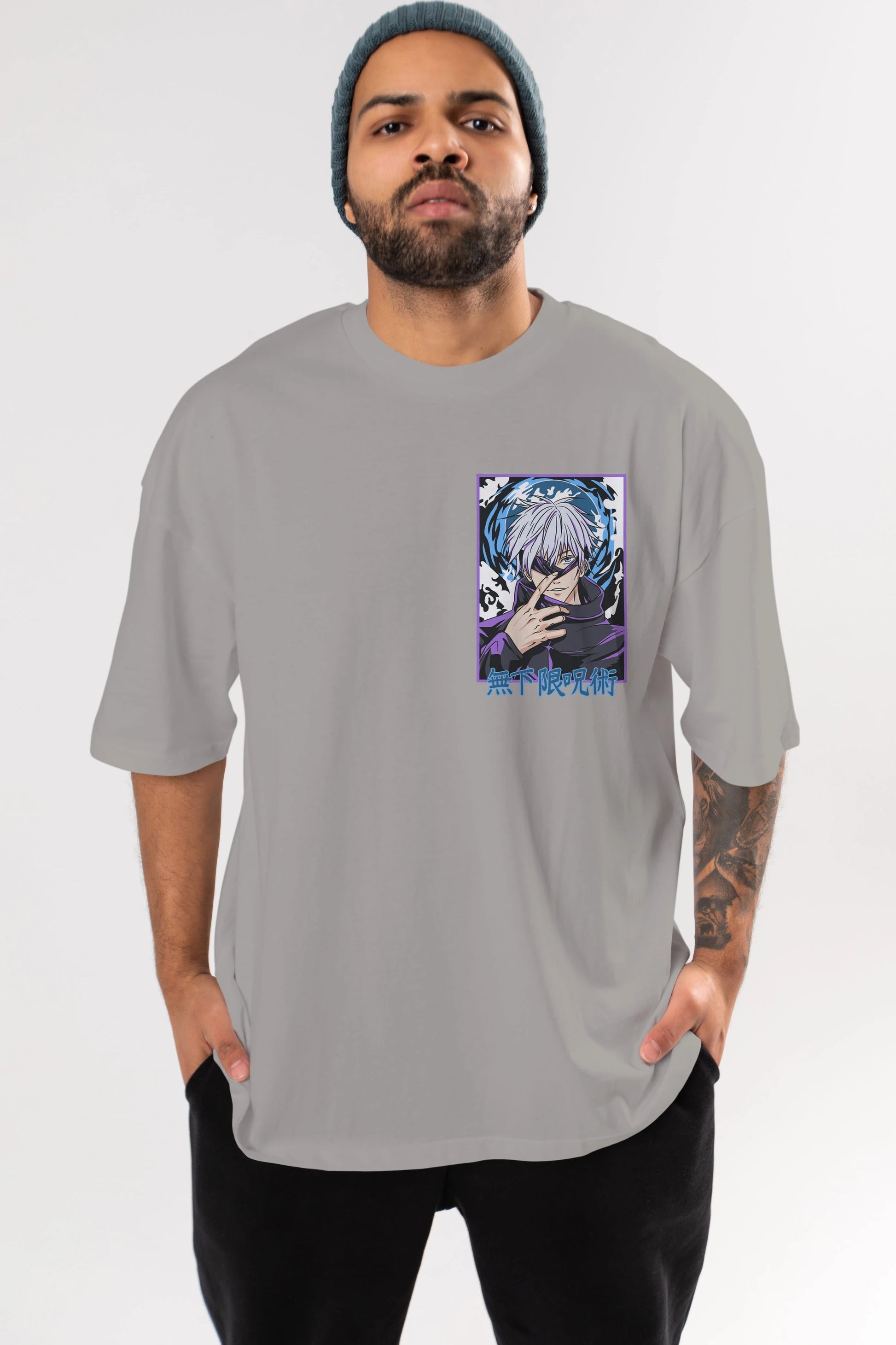 SATORU GOJO 3 Ön Sol Baskılı Oversize t-shirt Erkek Kadın Unisex %100 Pamuk Bisiklet Yaka tişort