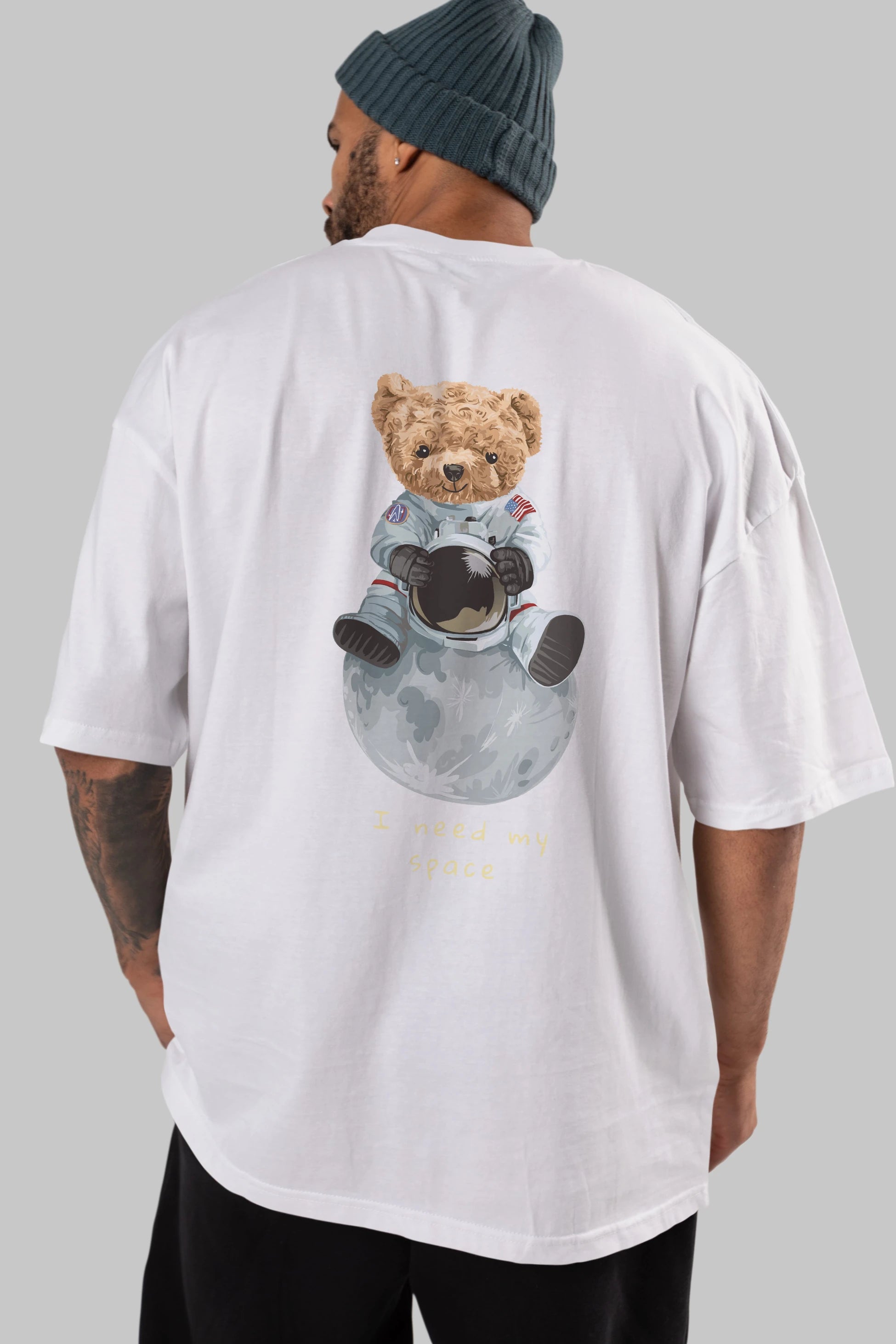 Teddy Bear I Need My Space Arka Baskılı Oversize t-shirt Erkek Kadın Unisex %100 Pamuk