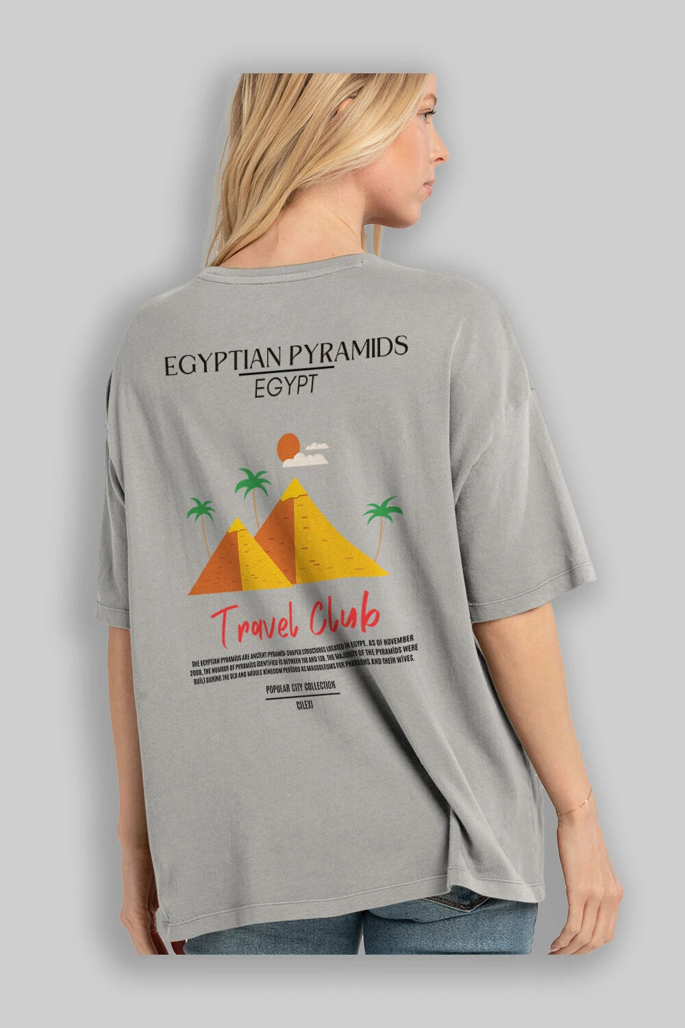 Egyptian Pyramids Egypt Arka Baskılı Oversize t-shirt Erkek Kadın Pamuk Bisiklet Yaka tişort