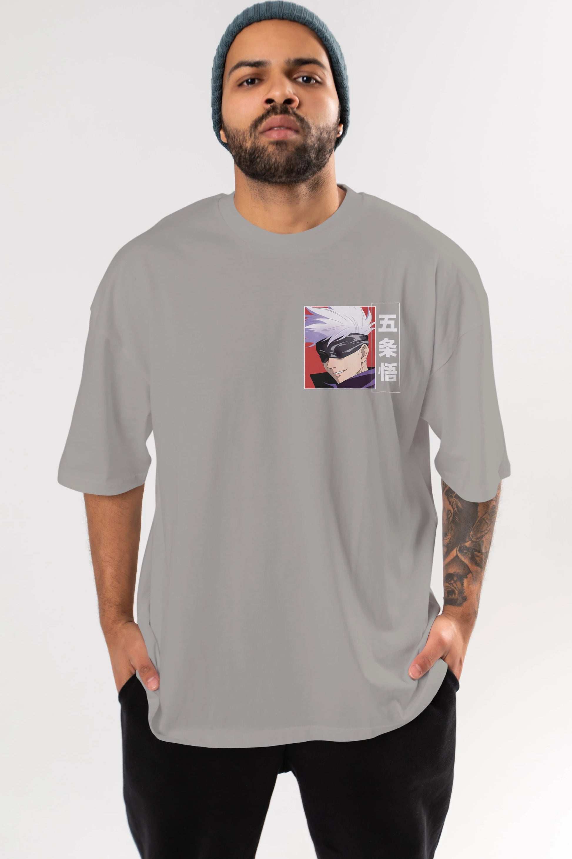 SATORU GOJO Ön Sol Baskılı Oversize t-shirt Erkek Kadın Unisex %100 Pamuk Bisiklet Yaka tişort