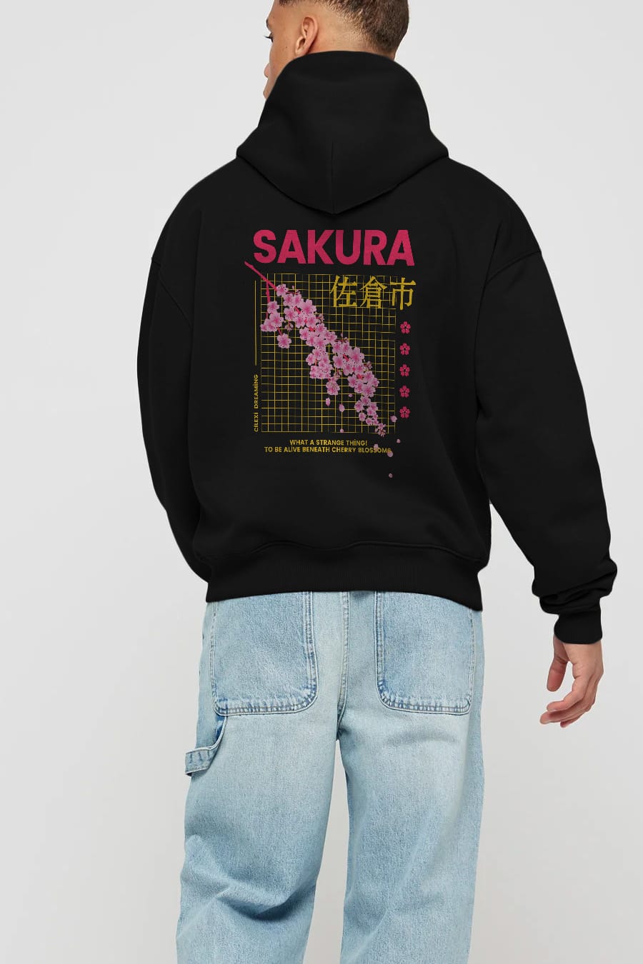 Sakura Streetwear Arka Baskılı Oversize Hoodie Kapüşonlu Sweatshirt Erkek Kadın Unisex