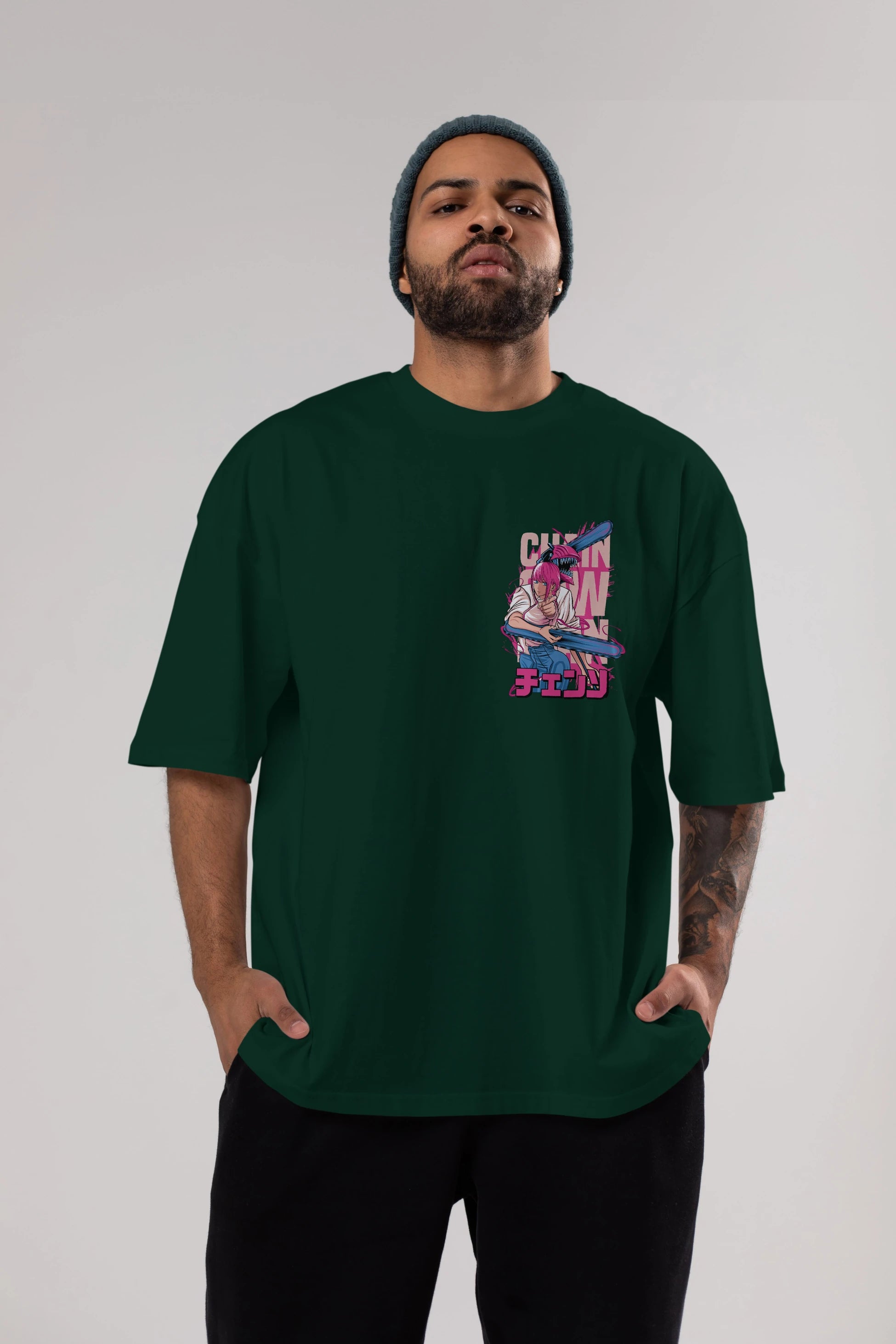 DENJI and MAKIMA Ön Sol Baskılı Oversize t-shirt Erkek Kadın Unisex %100 Pamuk Bisiklet Yaka tişort