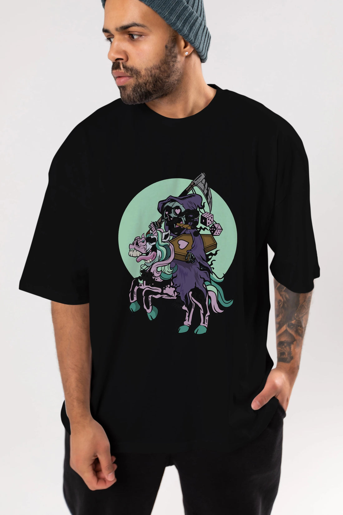 Grim Reaper Riding Unicorn Ön Baskılı Oversize t-shirt Erkek Kadın Unisex %100 Pamuk tişort
