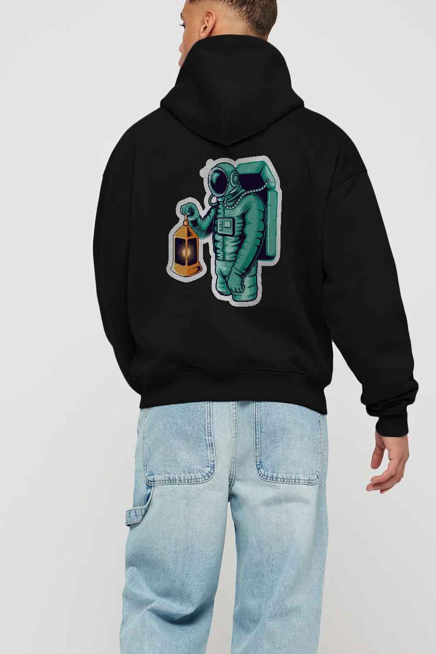 Astronaut Lantern Sticker Arka Baskılı Hoodie Oversize Kapüşonlu Sweatshirt Erkek Kadın Unisex