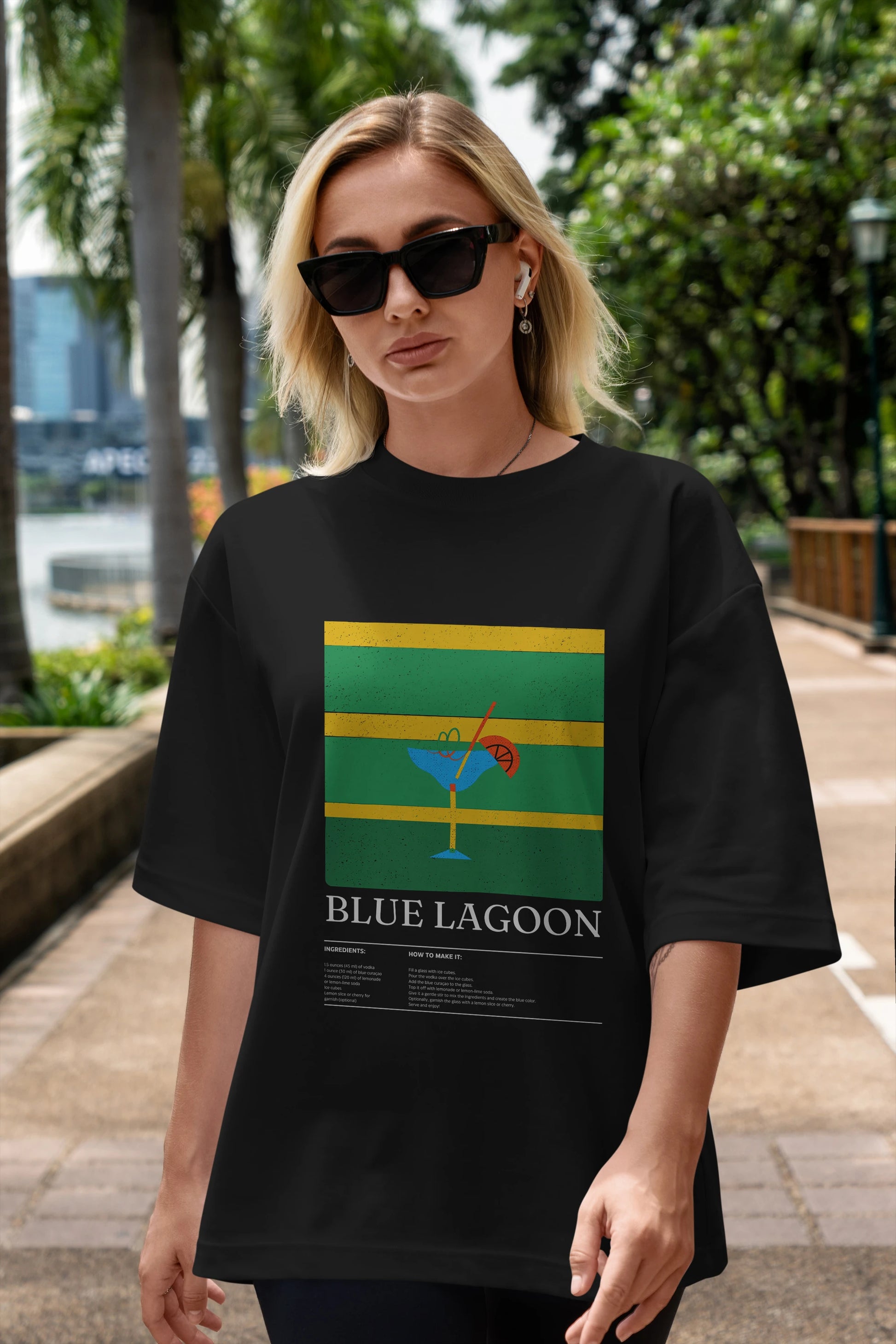 Blue Lagoon Kokteyl Ön Baskılı Oversize t-shirt Erkek Kadın %100 Pamuk Bisiklet Yaka tişort