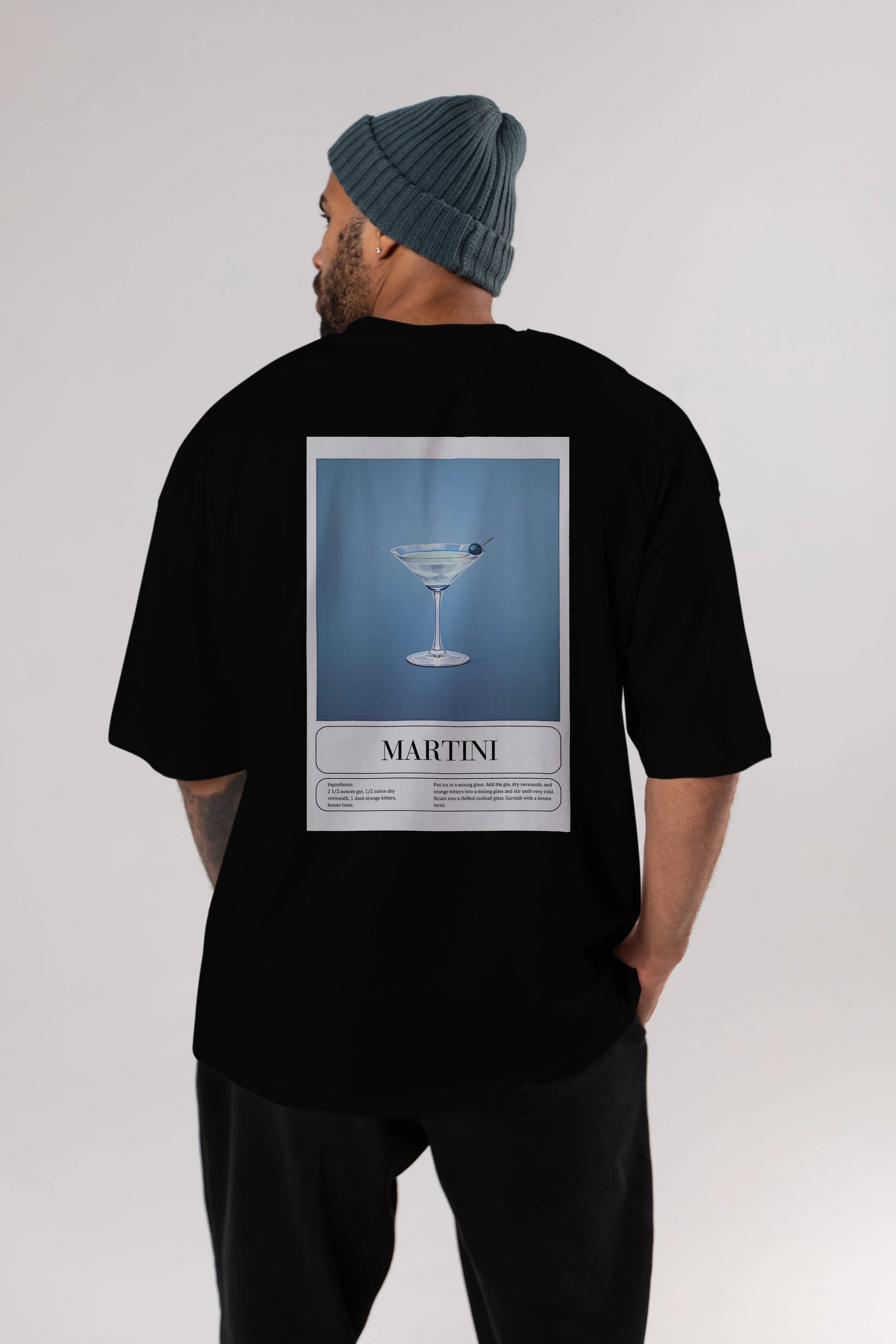 Martini Arka Baskılı Oversize t-shirt Erkek Kadın Unisex %100 Pamuk Bisiklet Yaka tişort