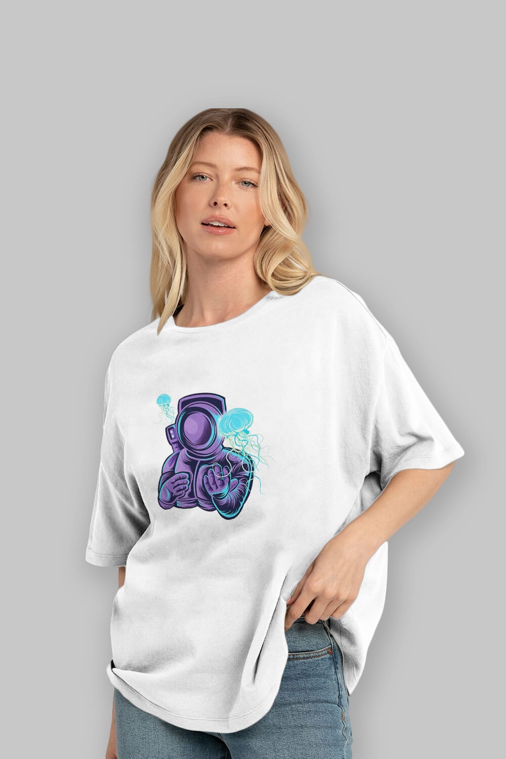 Astronaut and Jellyfish Sticker Ön Baskılı Oversize t-shirt Erkek Kadın Unisex