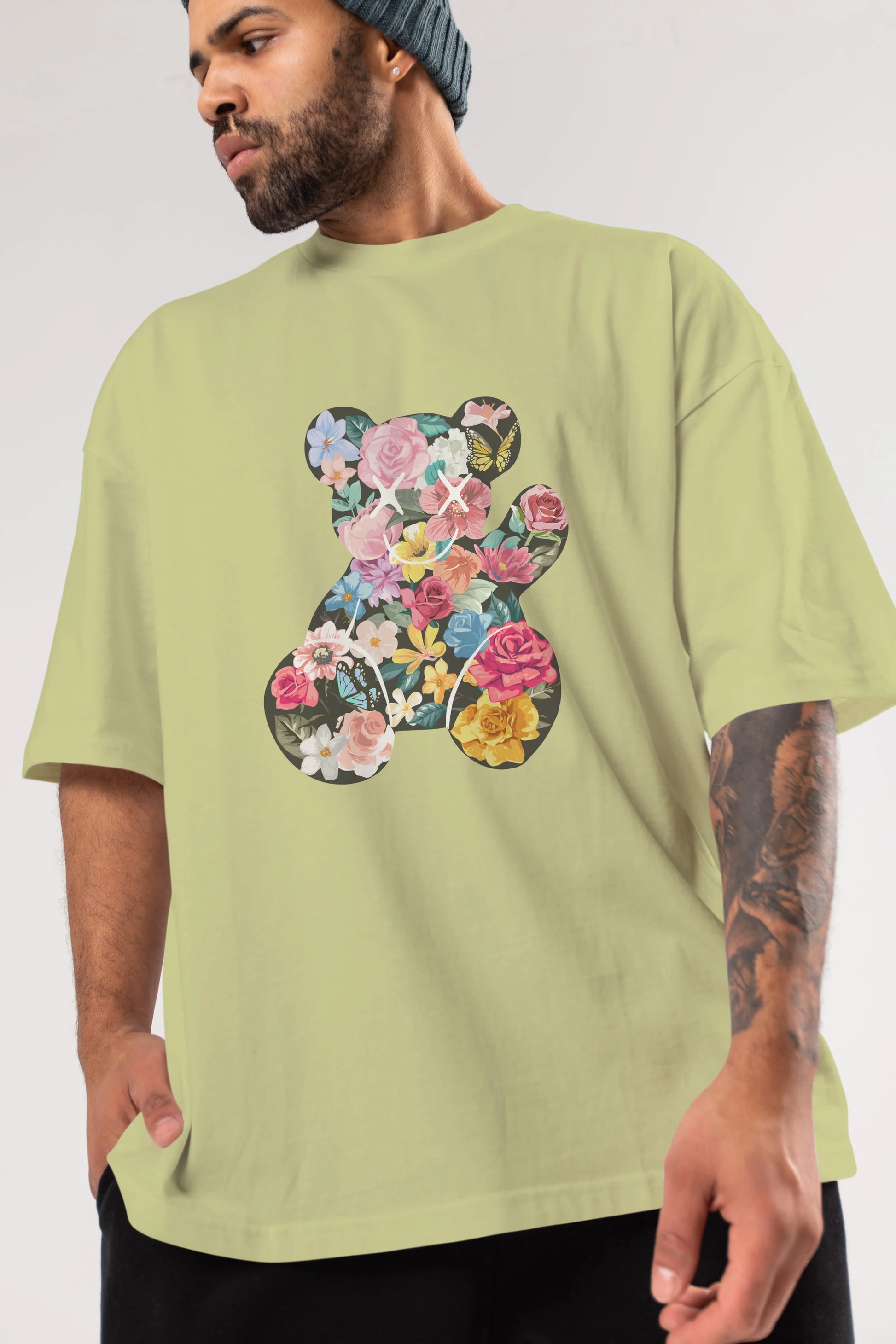 Flowers Bear Ön Baskılı Oversize t-shirt Erkek Kadın Unisex