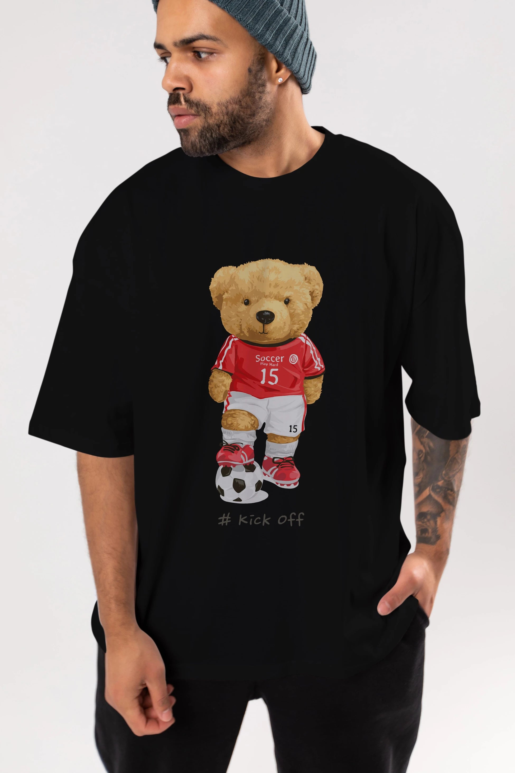 Teddy Bear Kick Off Ön Baskılı Oversize t-shirt Erkek Kadın Unisex %100 Pamuk