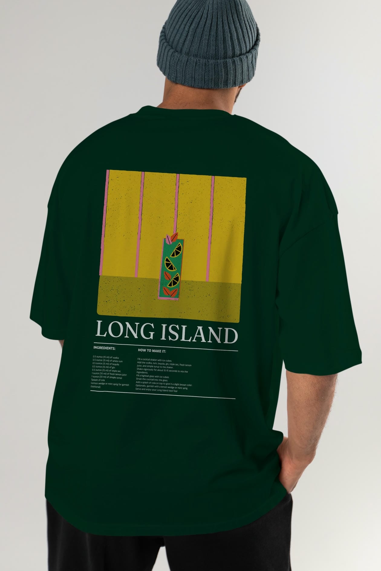 Long Island Kokteyl Serisi Arka Baskılı Oversize t-shirt Erkek Kadın %100 Pamuk Bisiklet Yaka tişort