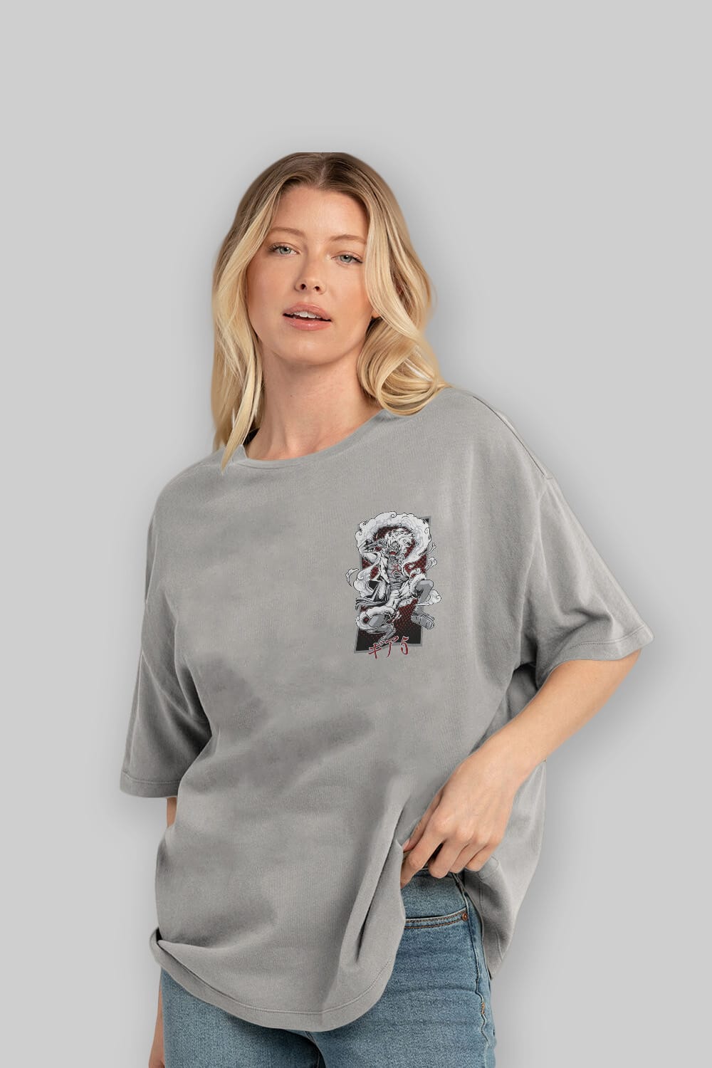 LUFFY GEAR 5 Ön Sol Baskılı Oversize t-shirt Erkek Kadın Unisex %100 Pamuk Bisiklet Yaka tişort
