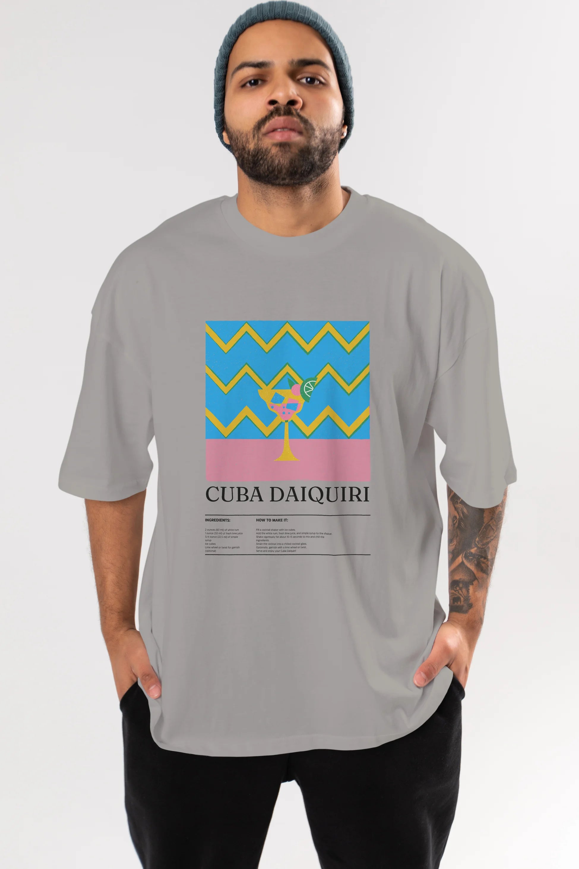 Cuba Daiquiri Kokteyl Ön Baskılı Oversize t-shirt Erkek Kadın %100 Pamuk Bisiklet Yaka tişort