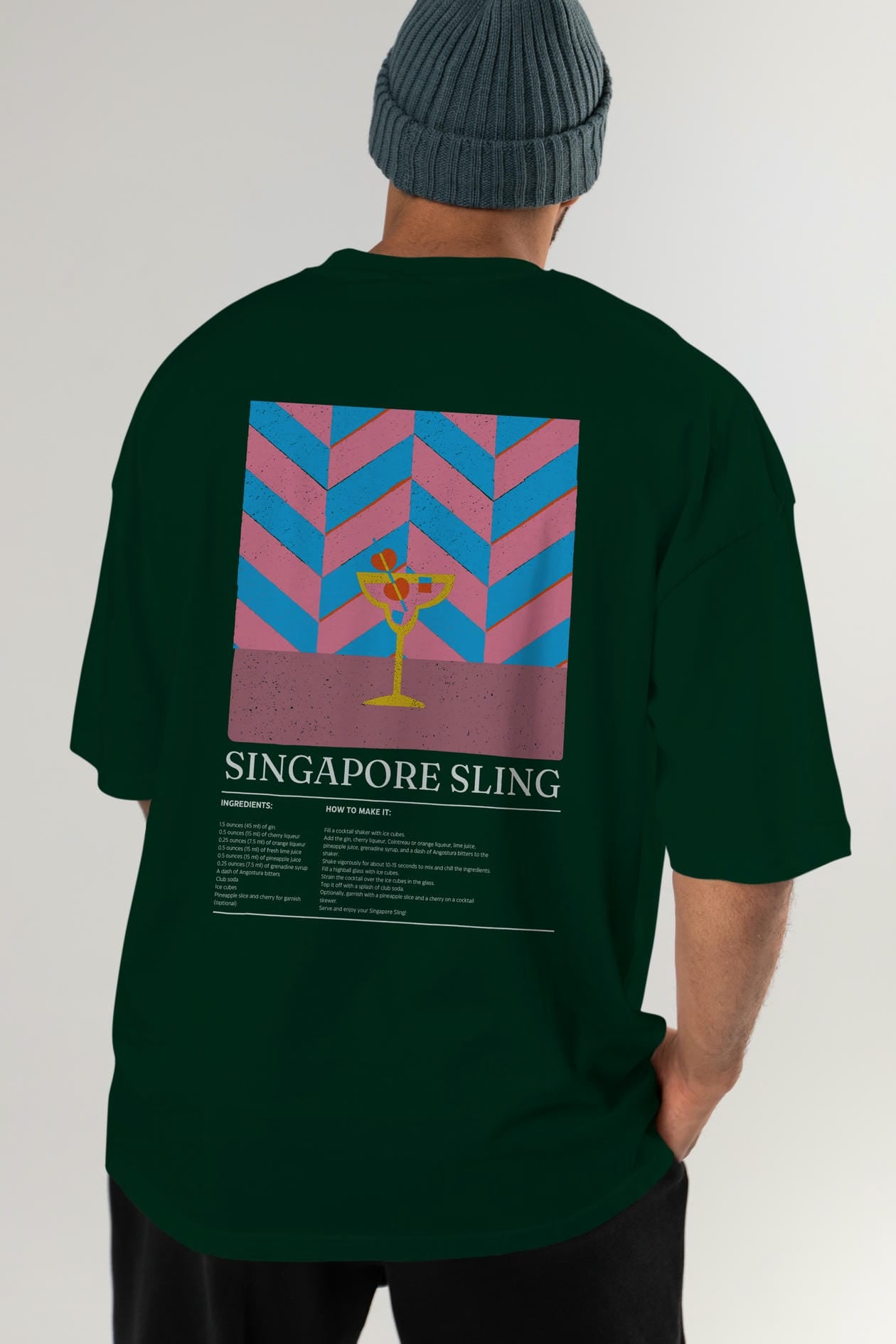Singapore Sling Kokteyl Serisi Arka Baskılı Oversize t-shirt Erkek Kadın %100 Pamuk Bisiklet Yaka tişort