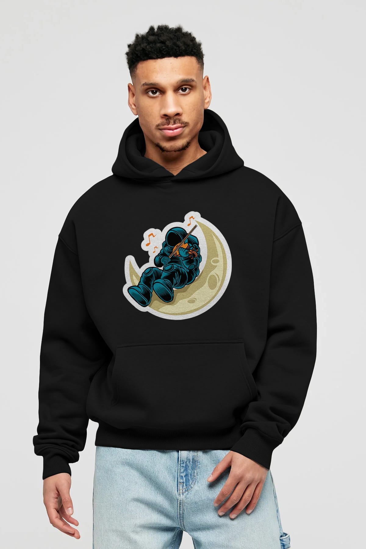 Playing Vionist in Space Sticker Ön Baskılı Hoodie Oversize Kapüşonlu Sweatshirt Erkek Kadın Unisex
