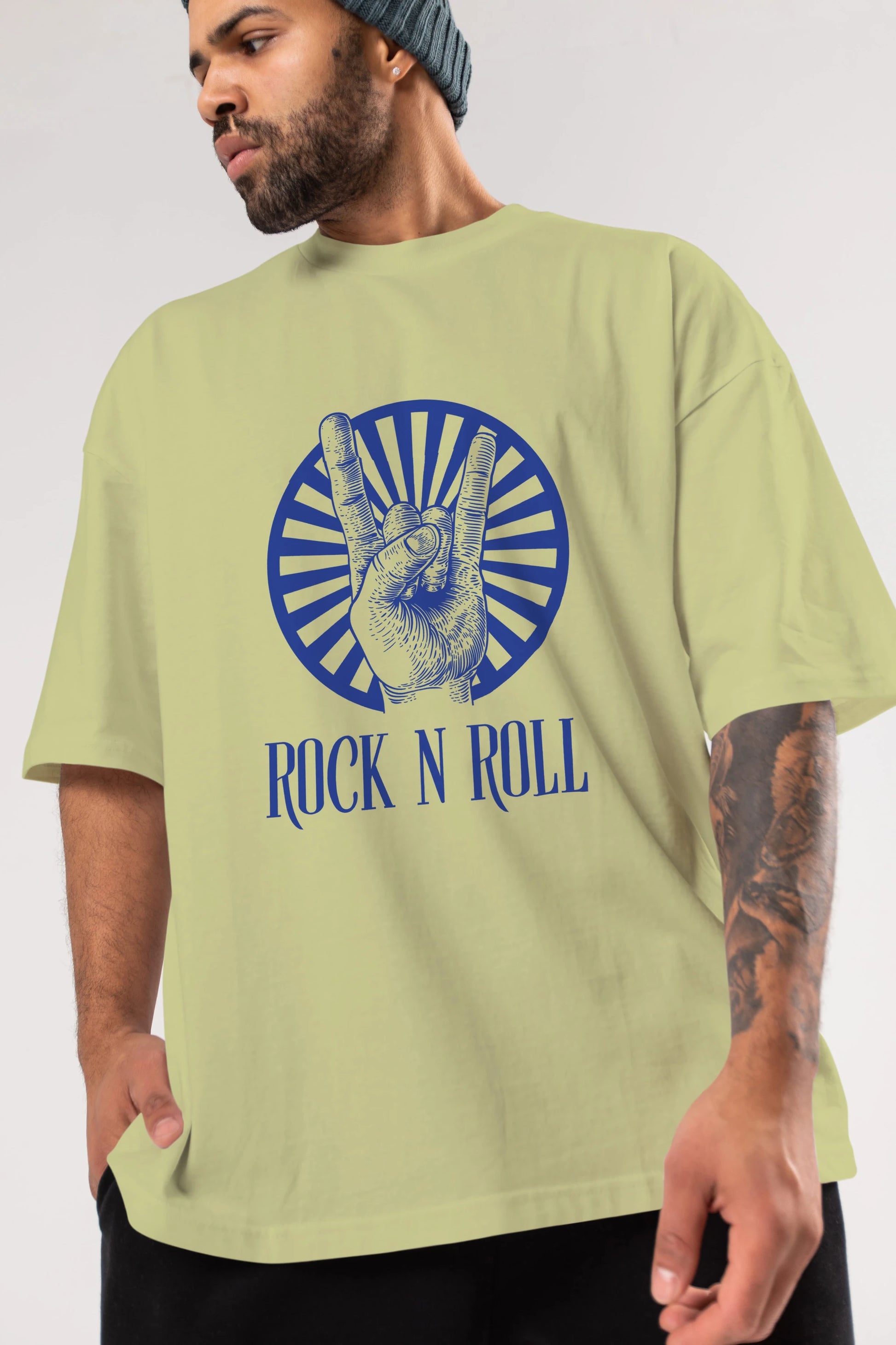 Rock N Roll Yazılı Ön Baskılı Oversize t-shirt Erkek Kadın Unisex