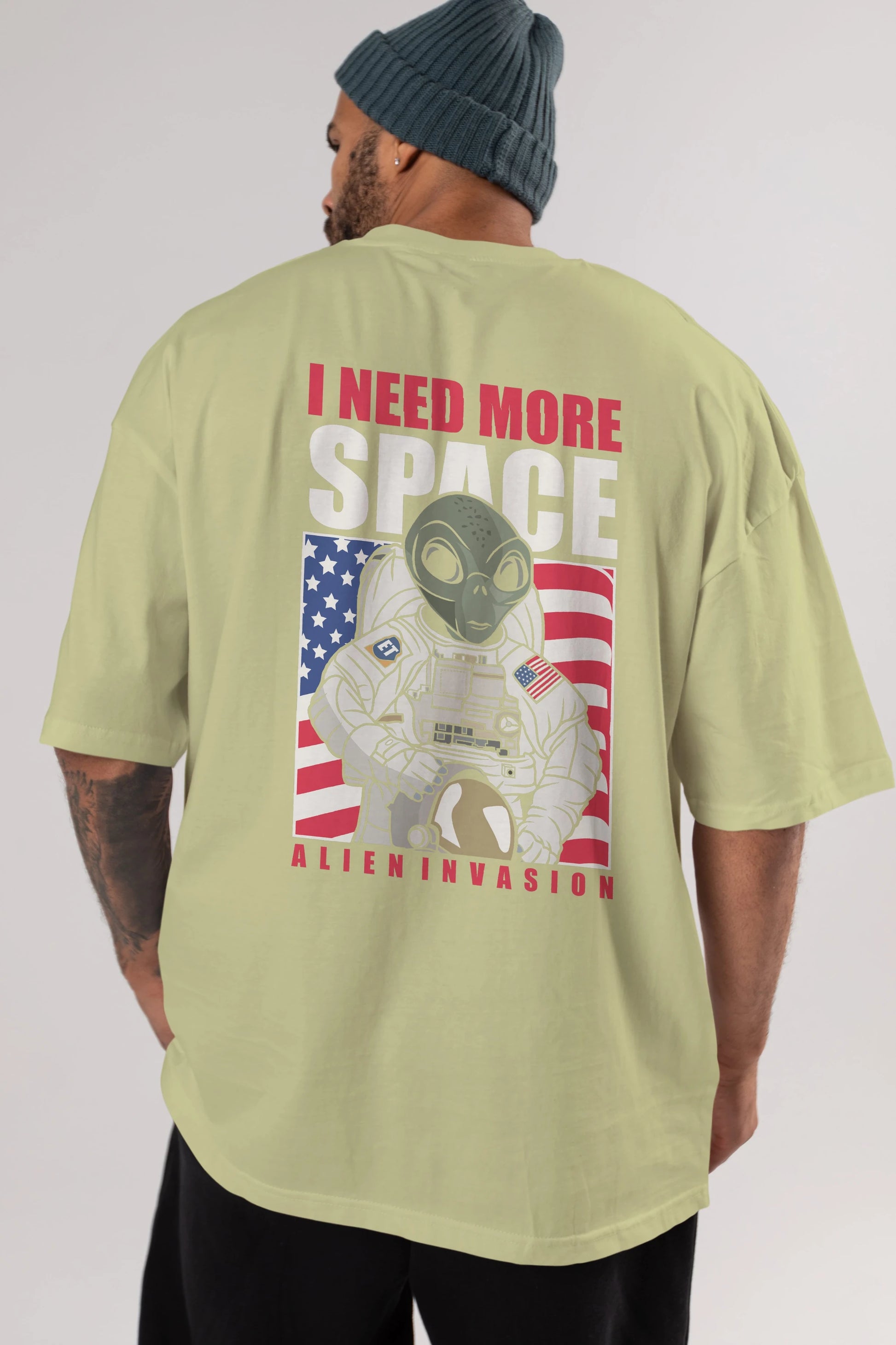 Alien Astronaut Arka Baskılı Oversize t-shirt Erkek Kadın Unisex %100 Pamuk tişort