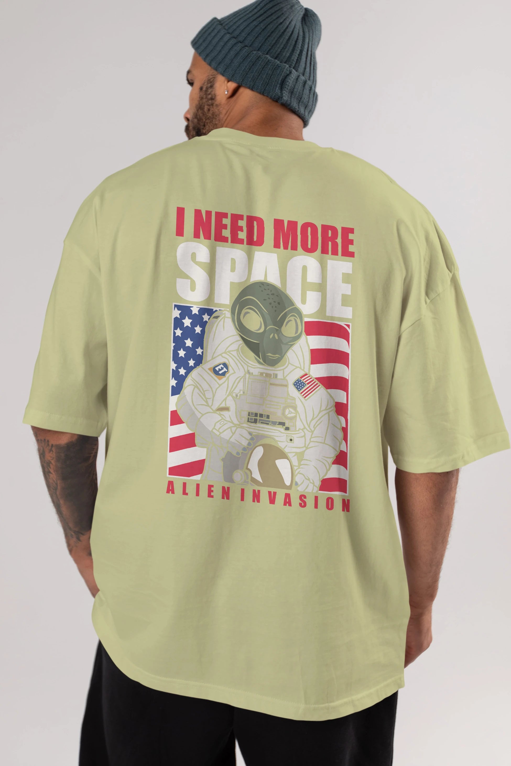 Alien Astronaut Arka Baskılı Oversize t-shirt Erkek Kadın Unisex %100 Pamuk tişort