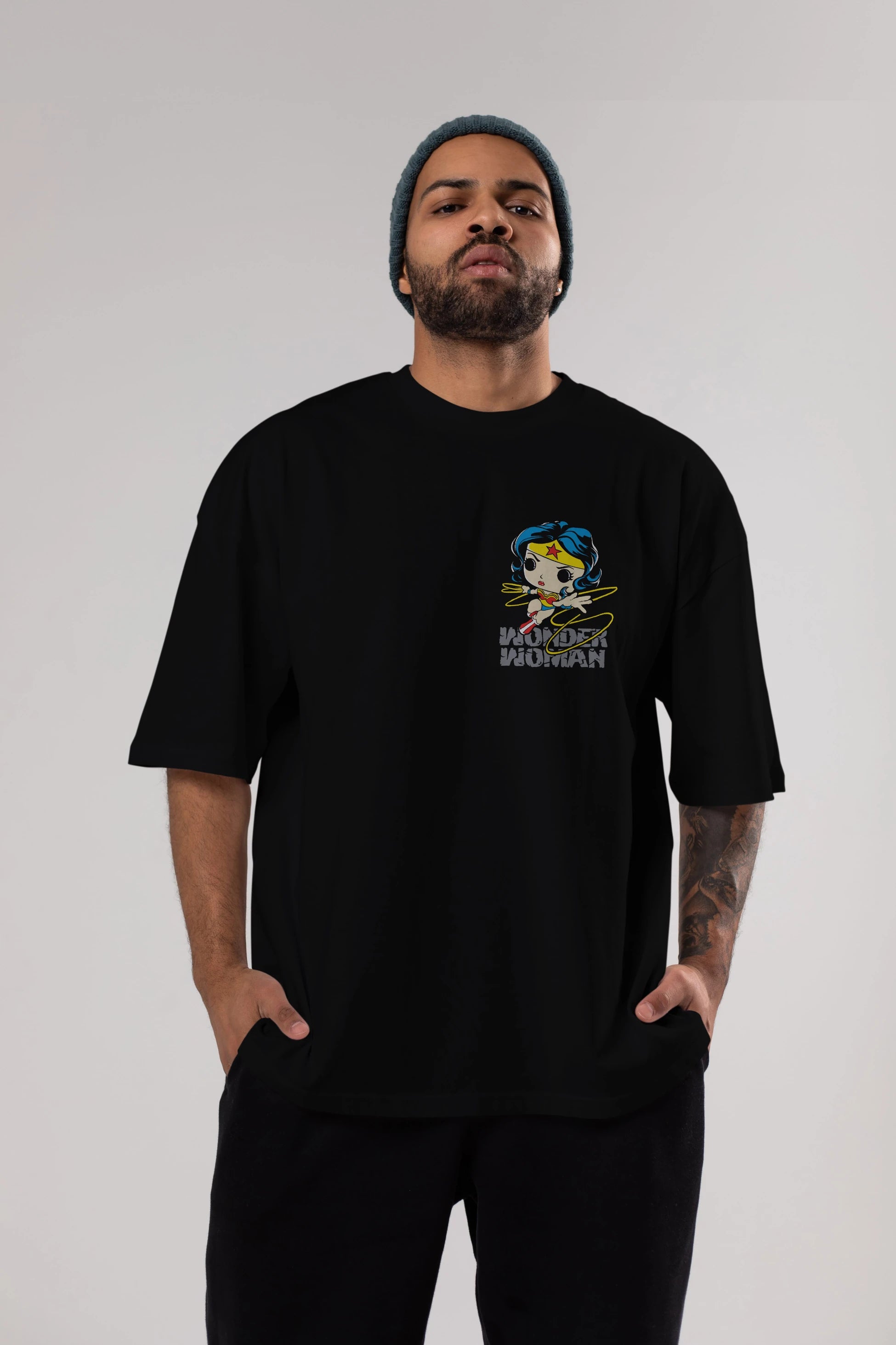 Wonder Woman Ön Sol Baskılı Oversize t-shirt Erkek Kadın Unisex %100 Pamuk Bisiklet Yaka tişort