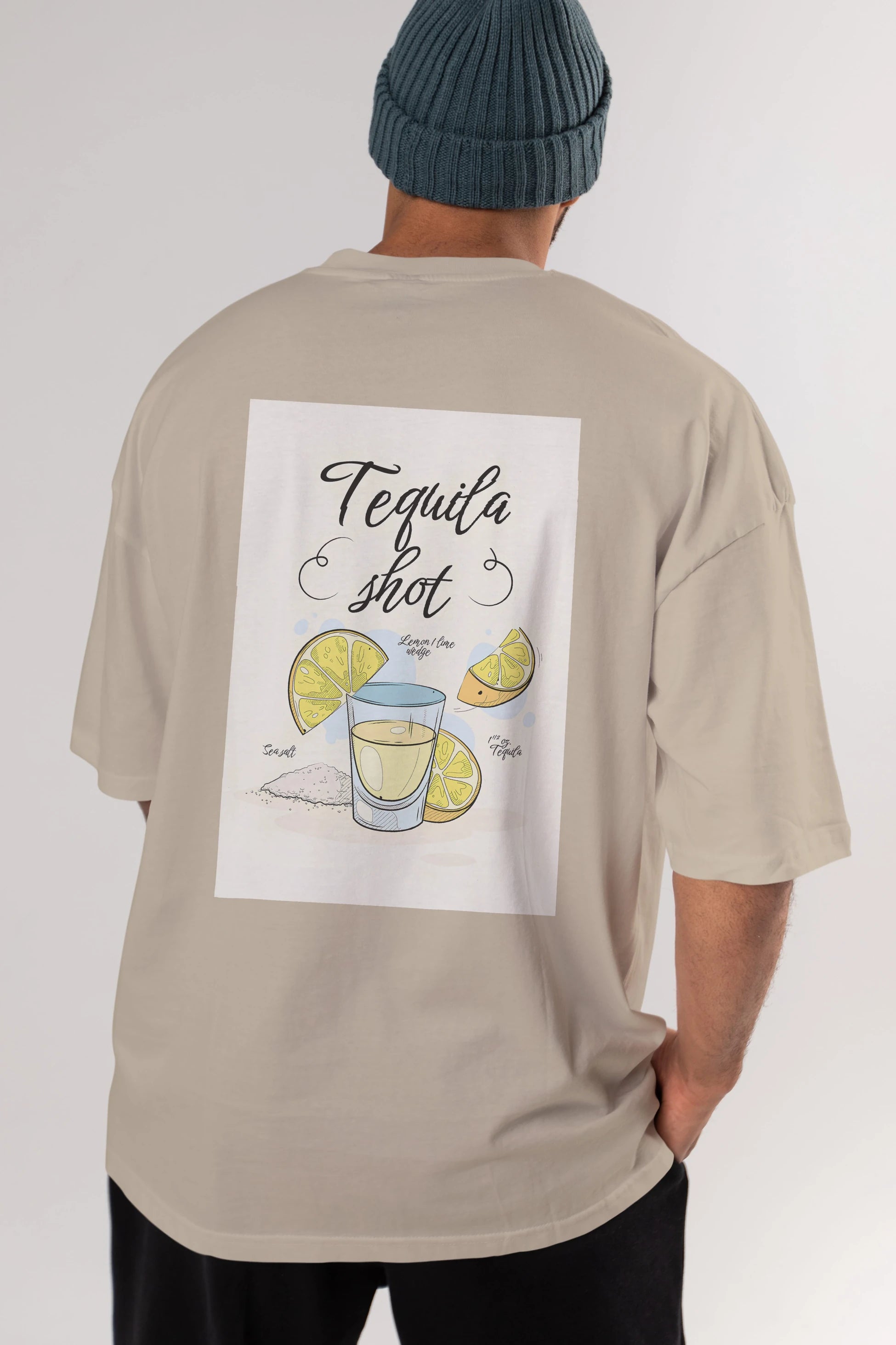 Tequila Shot Arka Baskılı Oversize t-shirt Erkek Kadın Unisex %100 Pamuk Bisiklet Yaka tişort
