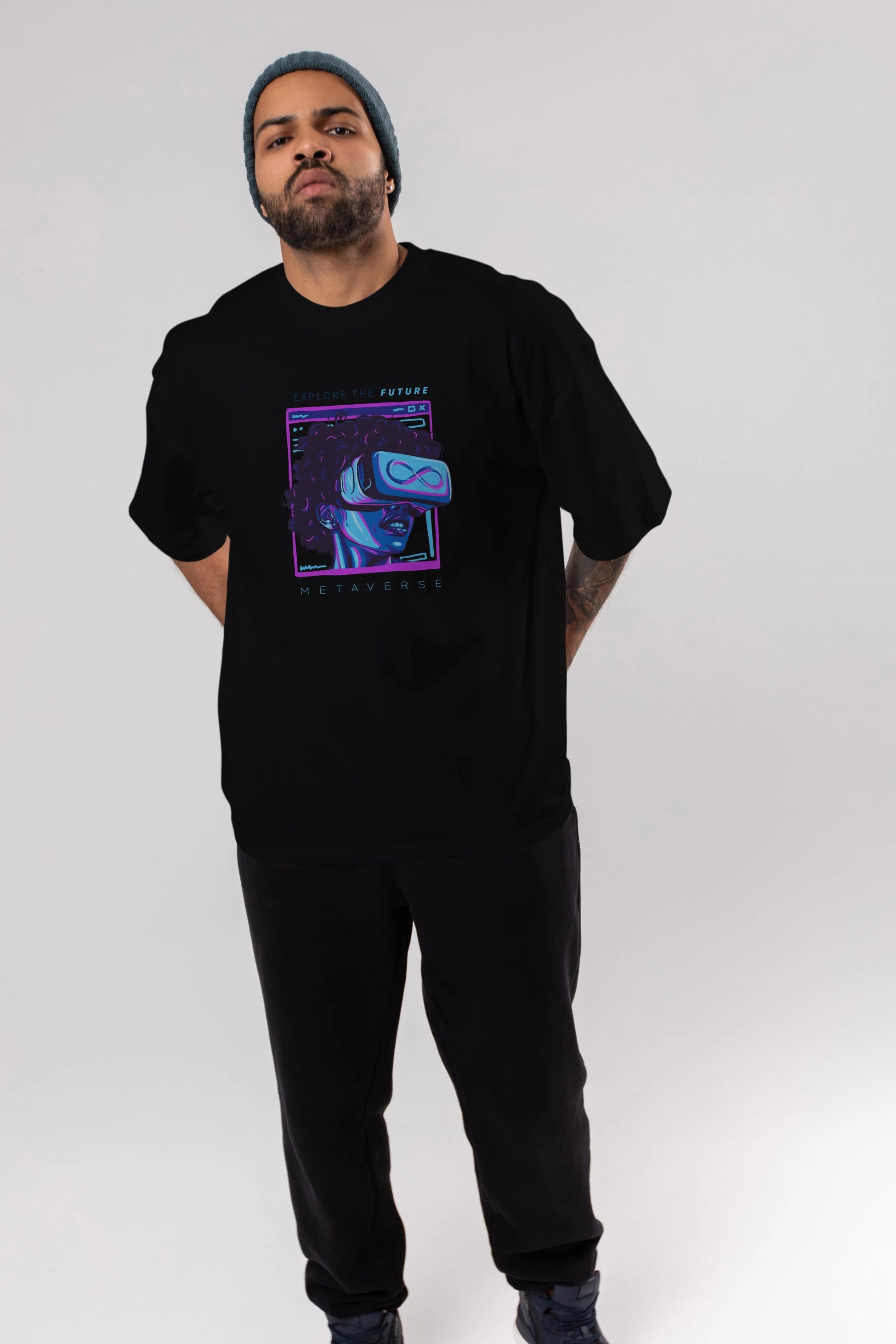 Metaverse Ön Baskılı Oversize t-shirt Erkek Kadın Unisex
