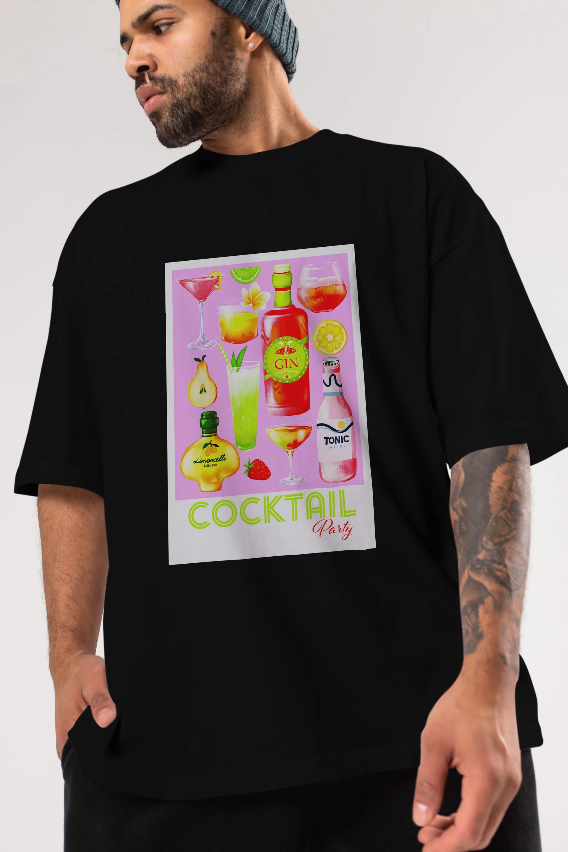 Cocktail Party Ön Baskılı Oversize t-shirt Erkek Kadın Unisex %100 Pamuk Bisiklet Yaka tişort