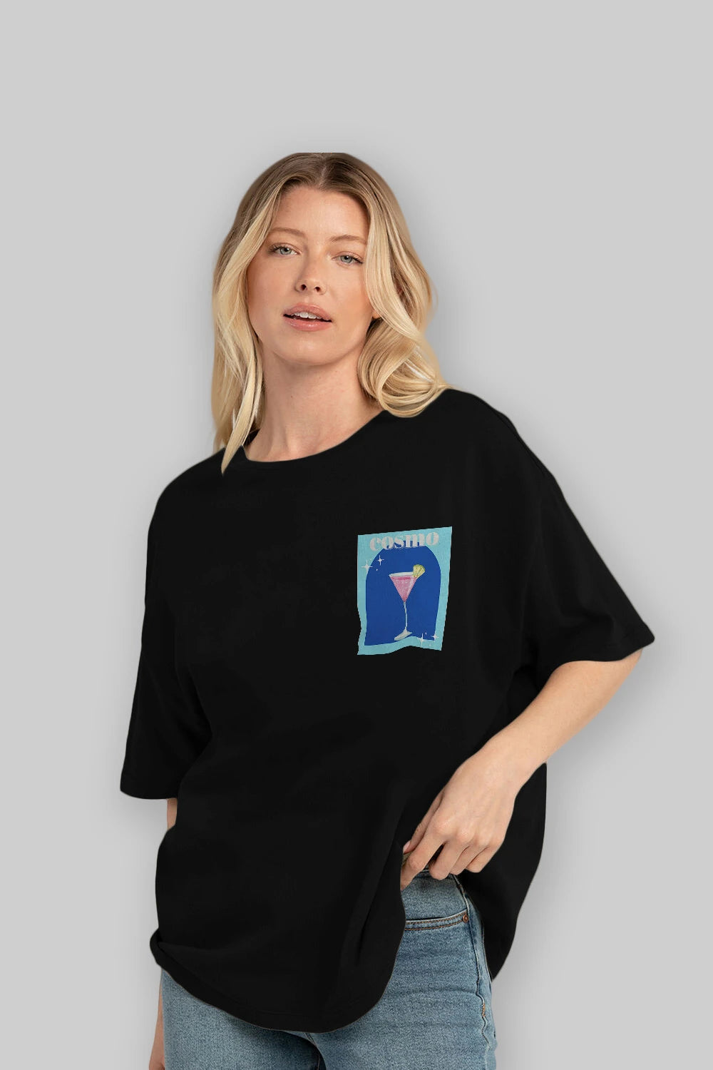 Cosmopolitan 2 Ön Sol Baskılı Oversize t-shirt Erkek Kadın Unisex %100 Pamuk Bisiklet Yaka tişort