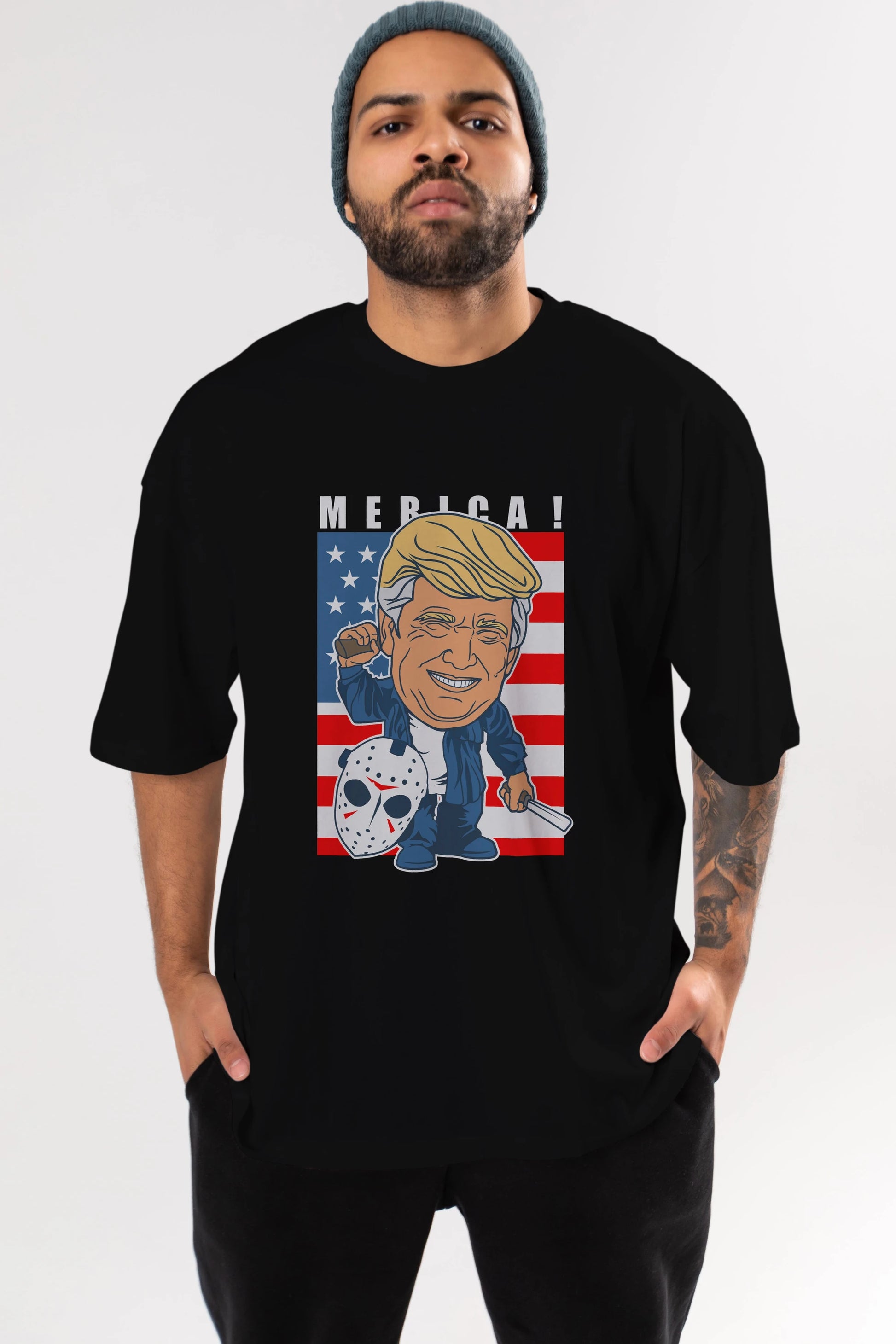 Jason Voorhess Trump Ön Baskılı Oversize t-shirt Erkek Kadın Unisex %100 Pamuk tişort
