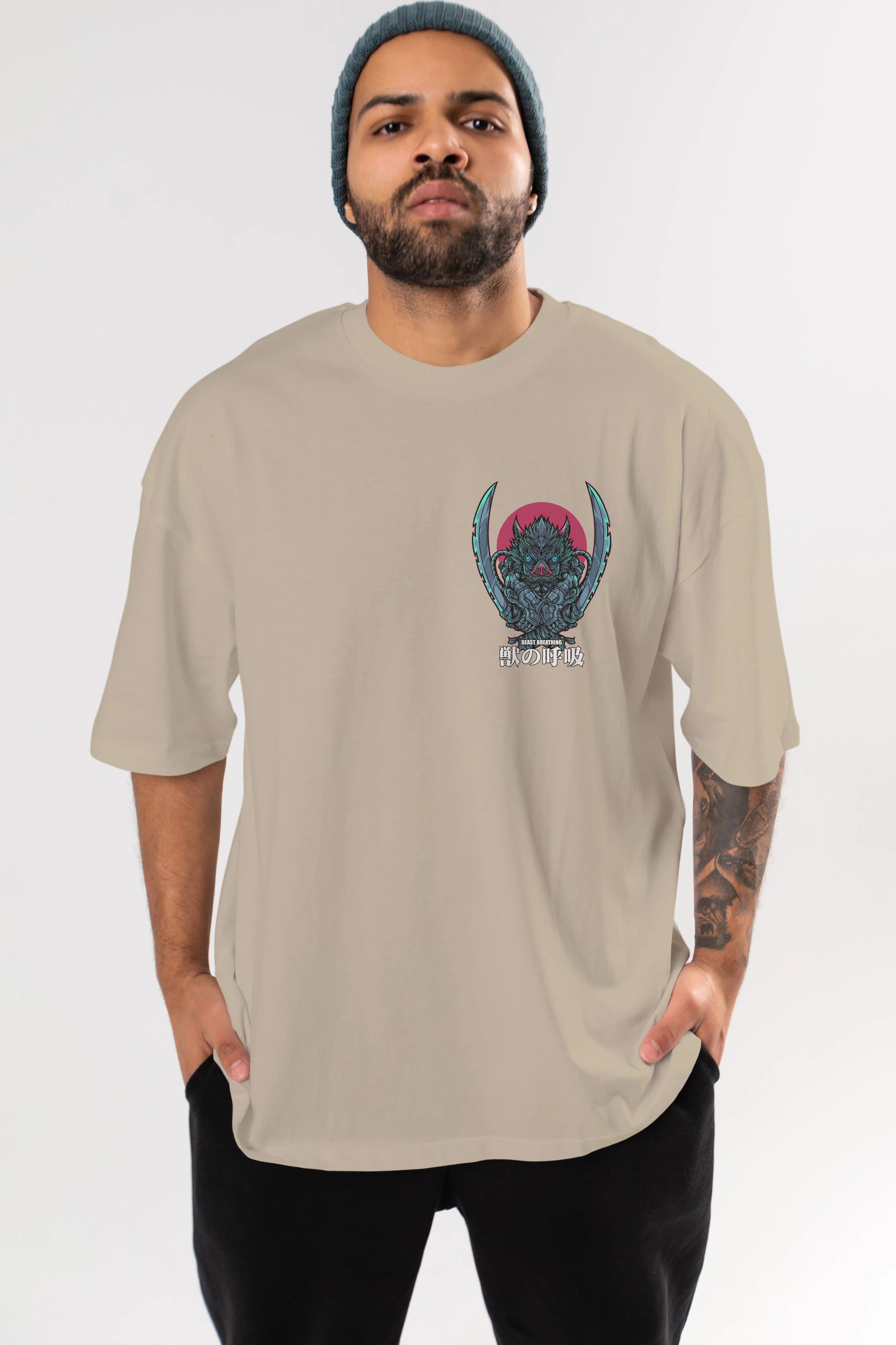 Inosuke DEMON SLAYER Ön Sol Baskılı Oversize t-shirt Erkek Kadın Unisex %100 Pamuk Bisiklet Yaka tişort
