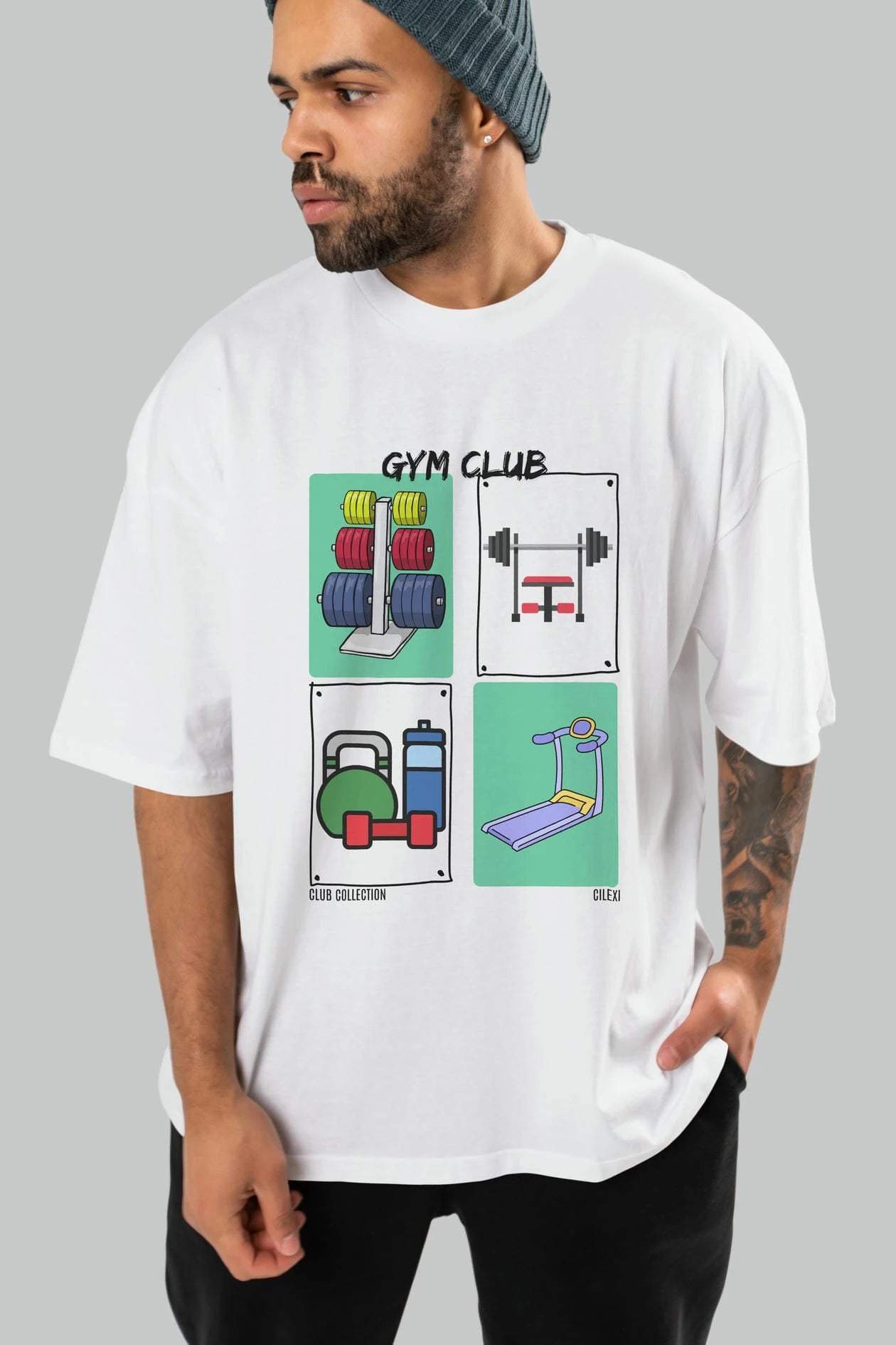 Gym Club ön Baskılı Oversize t-shirt Erkek Kadın %100 Pamuk Bisiklet Yaka tişort