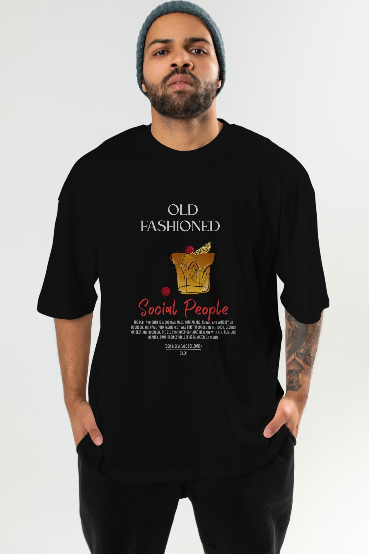 Old Fashıoned Kokteyl Serisi ön Baskılı Oversize t-shirt Erkek Kadın %100 Pamuk Bisiklet Yaka tişort