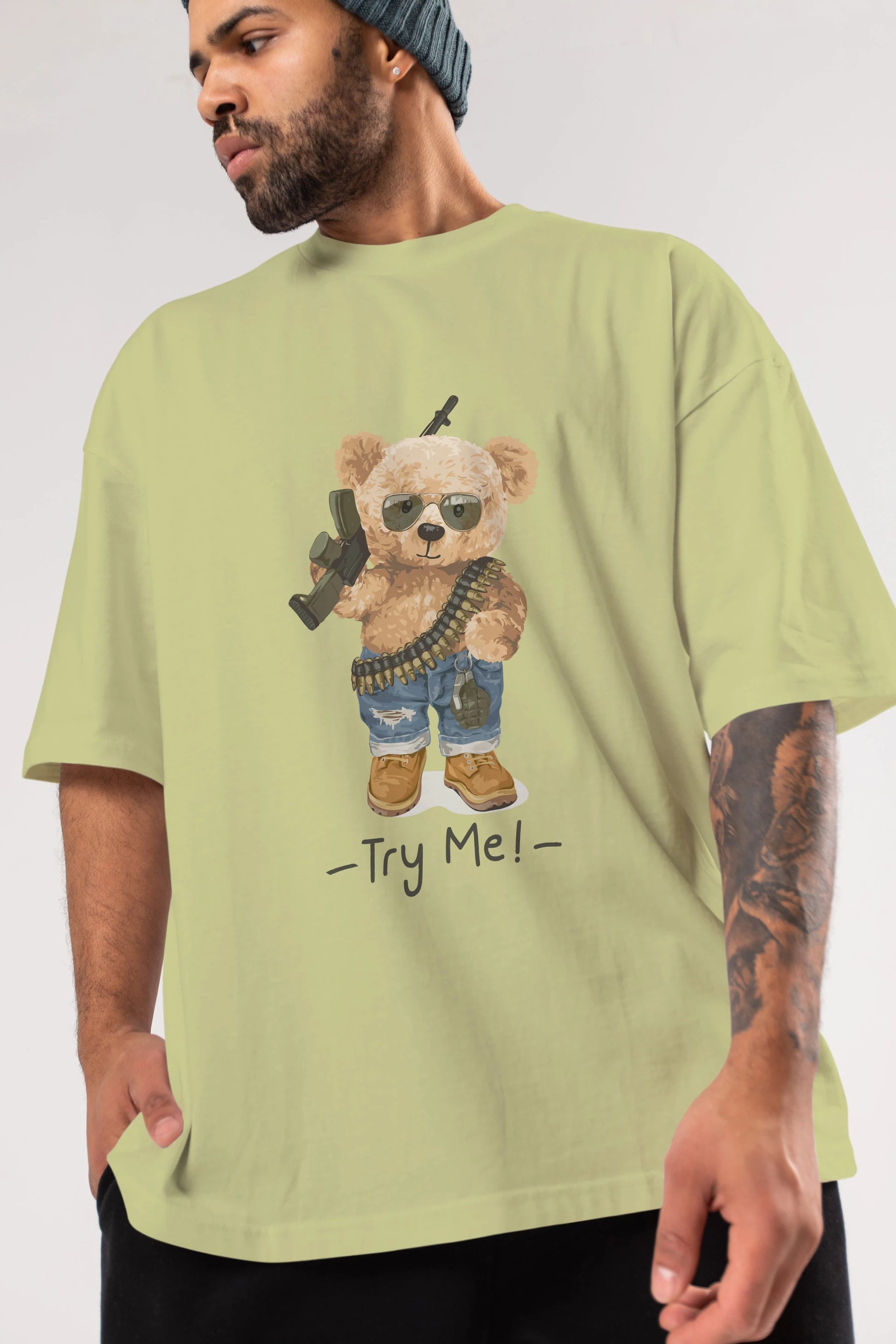 Teddy Bear Try Me Ön Baskılı Oversize t-shirt Erkek Kadın Unisex %100 Pamuk