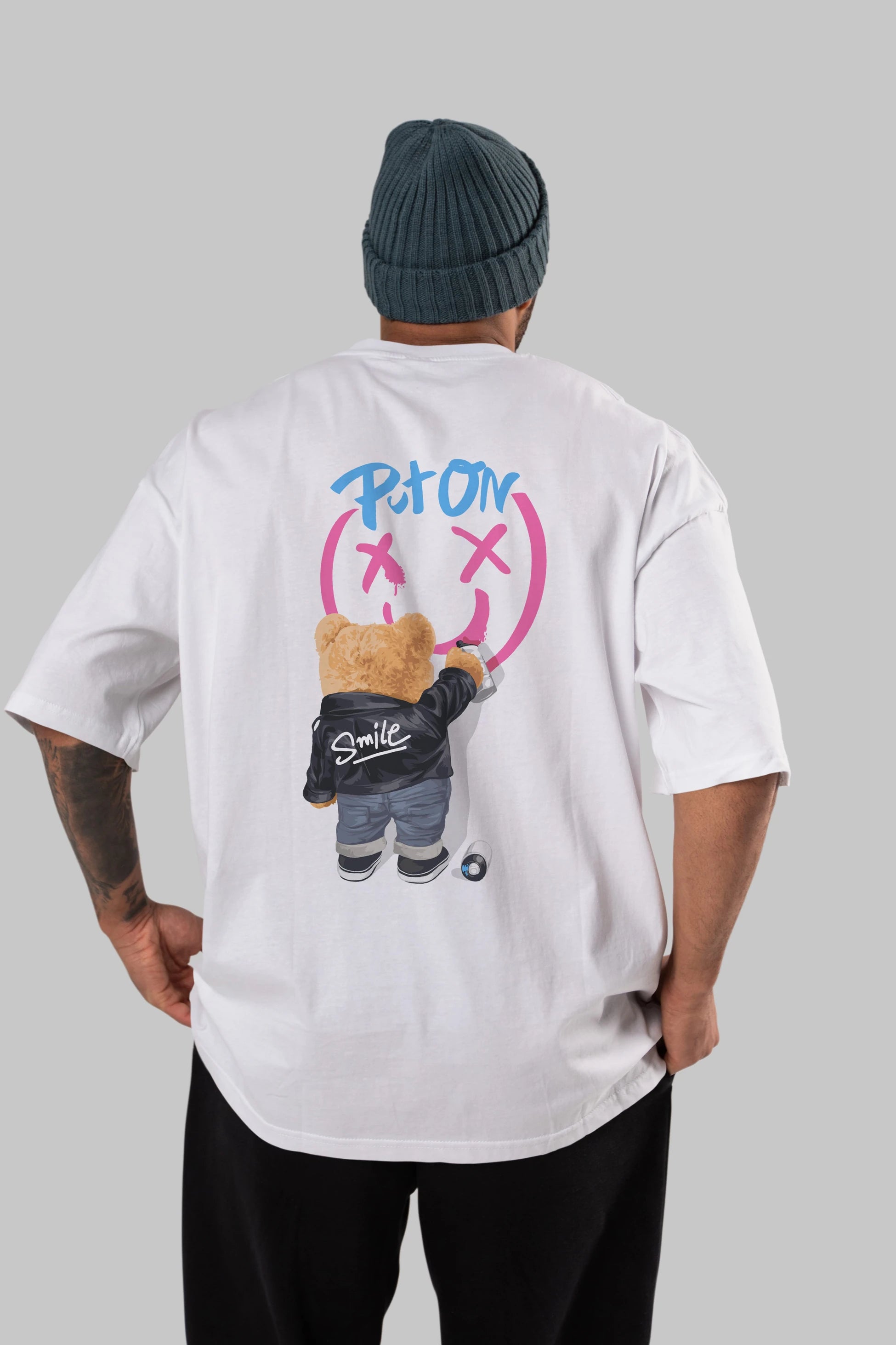 Put on Smile Bear Arka Baskılı Oversize t-shirt Erkek Kadın Unisex